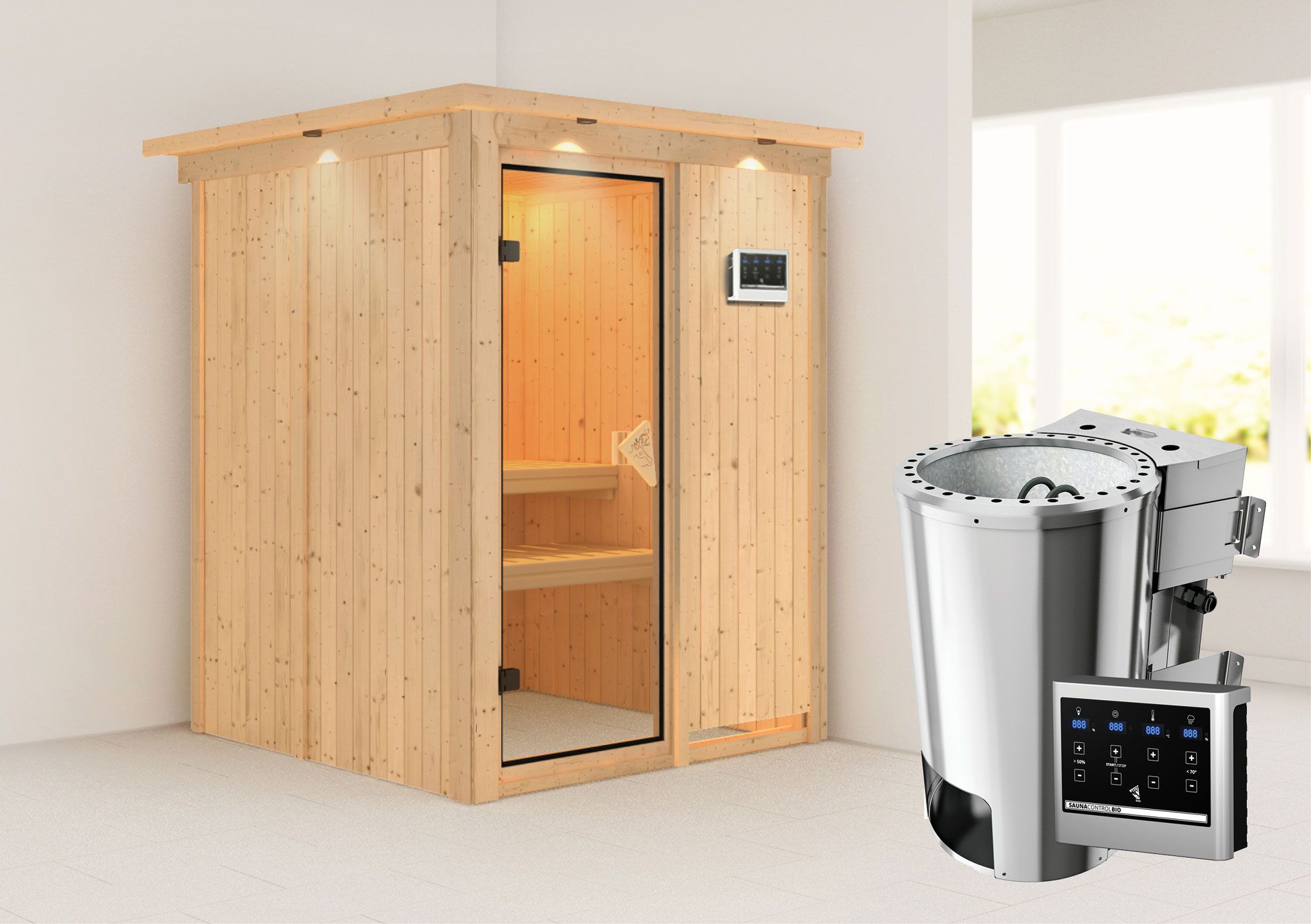 Sauna "Joran" SET mit bronzierter Tür, Kranz & Ofen BIO 3,6 kW - 165 x 165 x 202 cm (B x T x H)
