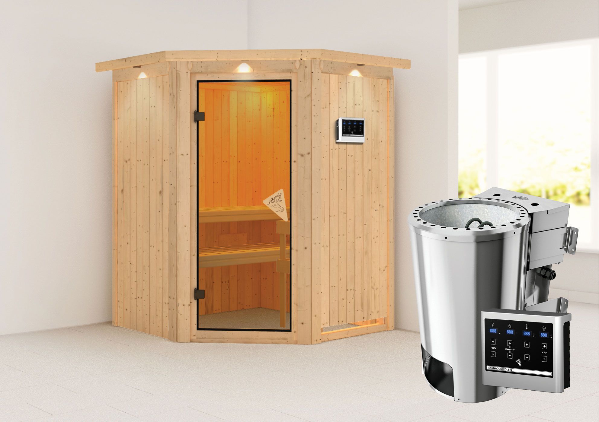 Sauna "Loran" SET mit Kranz und Ofen BIO 3,6 kW ext. Steuerung modern - 165 x 165 x 202 cm (B x T x H)