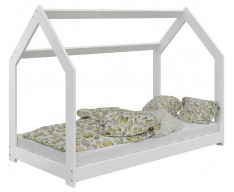 Kinderbett / Hausbett Kiefer Vollholz massiv weiß lackiert D2, inkl. Lattenrost - Liegefläche: 80 x 160 cm (B x L)