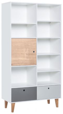 Jugendzimmer - Regal Syrina 15, Farbe: Weiß / Grau / Eiche - Abmessungen: 202 x 105 x 45 cm (H x B x T)