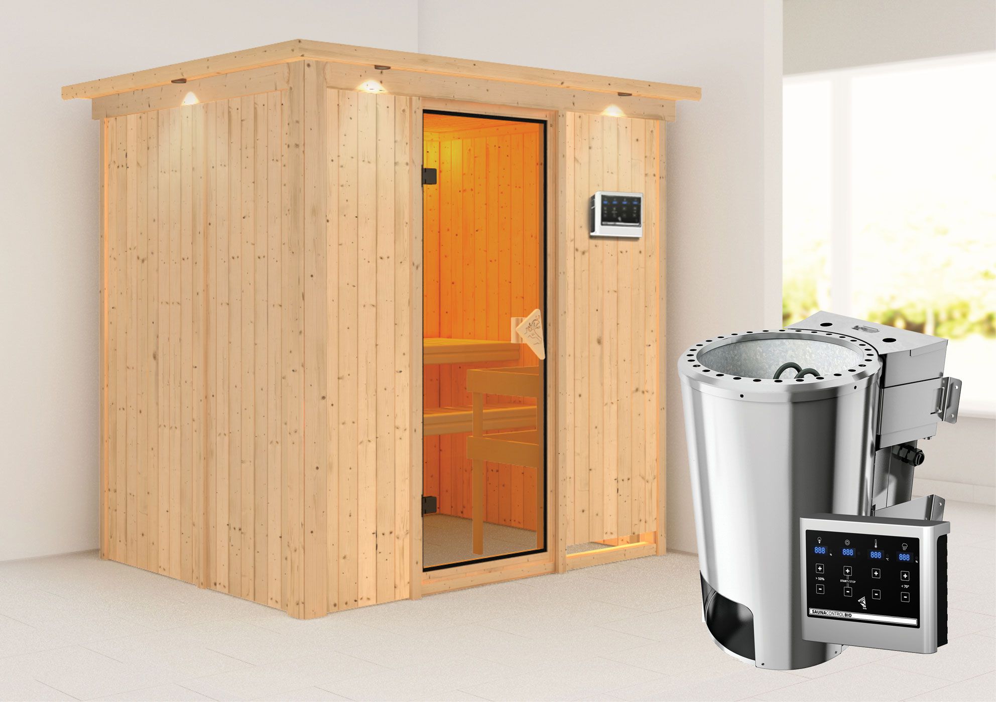 Sauna "Jarle" SET mit bronzierter Tür und Kranz  mit-Ofen BIO 3,6 kW - 210 x 165 x 202 cm (B x T x H)