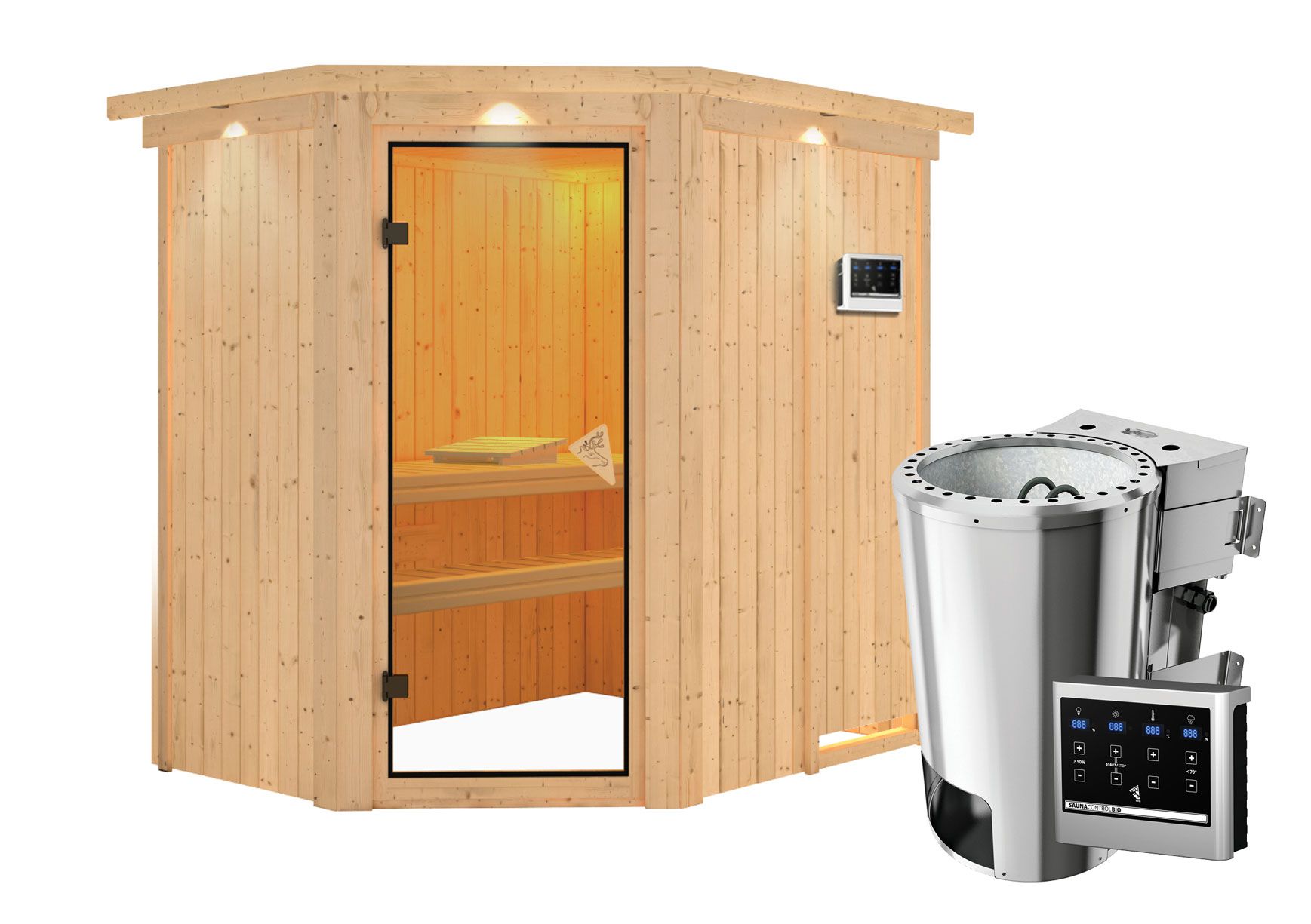 Sauna "Ole" SET mit bronzierter Tür und Kranz  mit-Ofen BIO 3,6 kW - 165 x 210 x 202 cm (B x T x H)