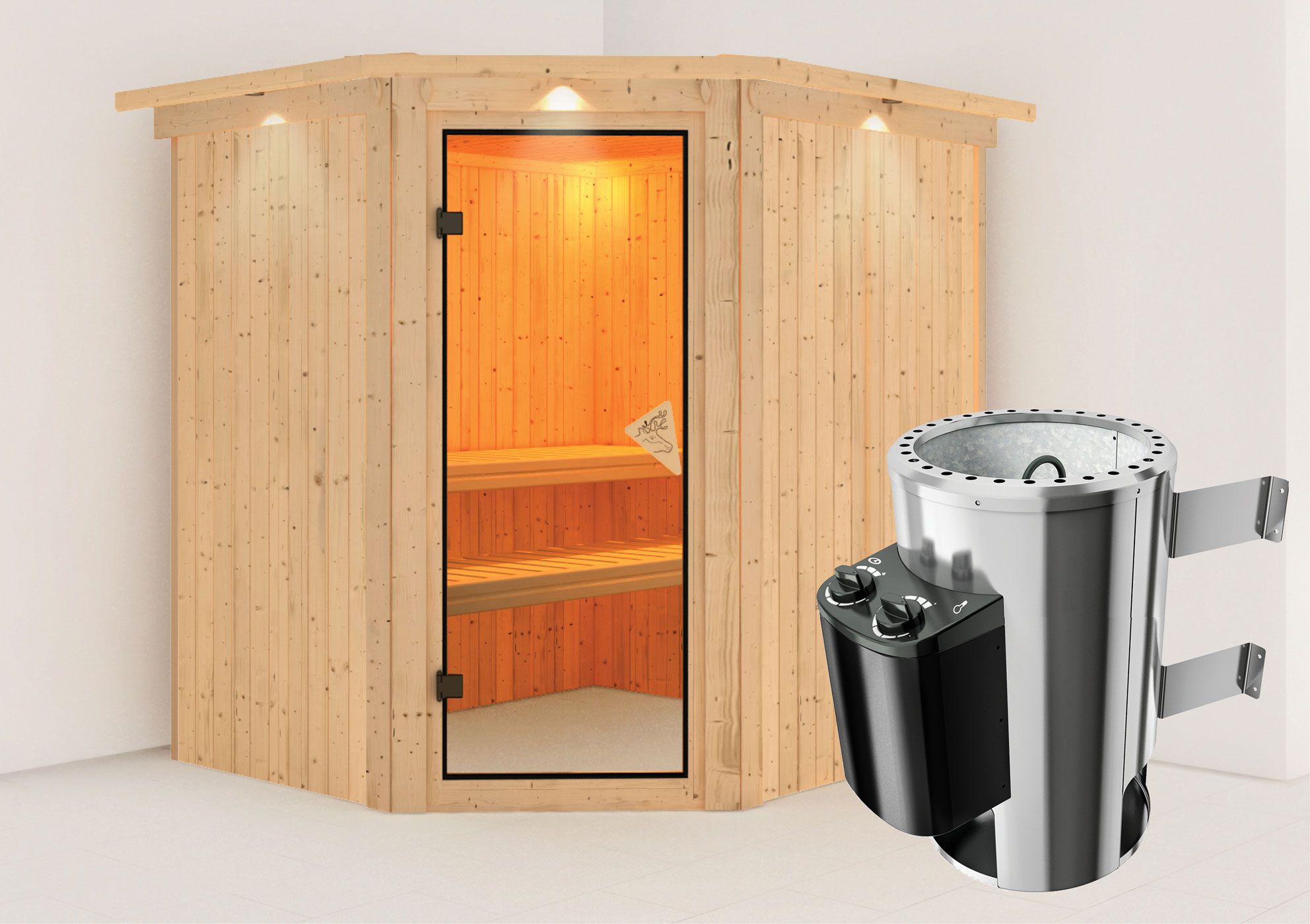 Sauna "Askjell" SET mit bronzierter Tür und Kranz  mit Ofen 3,6 kW - 210 x 184 x 202 cm (B x T x H)