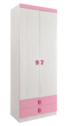 Kinderzimmer - Drehtürenschrank / Kleiderschrank Luis 19, Farbe: Eiche Weiß / Rosa - 218 x 80 x 52 cm (H x B x T)