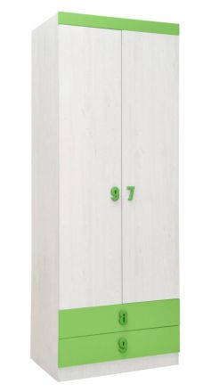 Kinderzimmer - Drehtürenschrank / Kleiderschrank Luis 19, Farbe: Eiche Weiß / Grün - 218 x 80 x 52 cm (H x B x T)