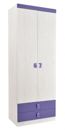 Kinderzimmer - Drehtürenschrank / Kleiderschrank Luis 19, Farbe: Eiche Weiß / Lila - 218 x 80 x 52 cm (H x B x T)