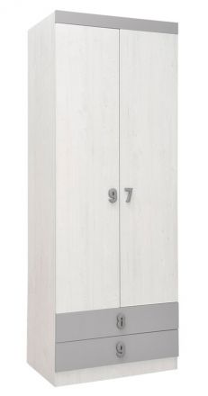 Kinderzimmer - Drehtürenschrank / Kleiderschrank Luis 19, Farbe: Eiche Weiß / Grau - 218 x 80 x 52 cm (H x B x T)