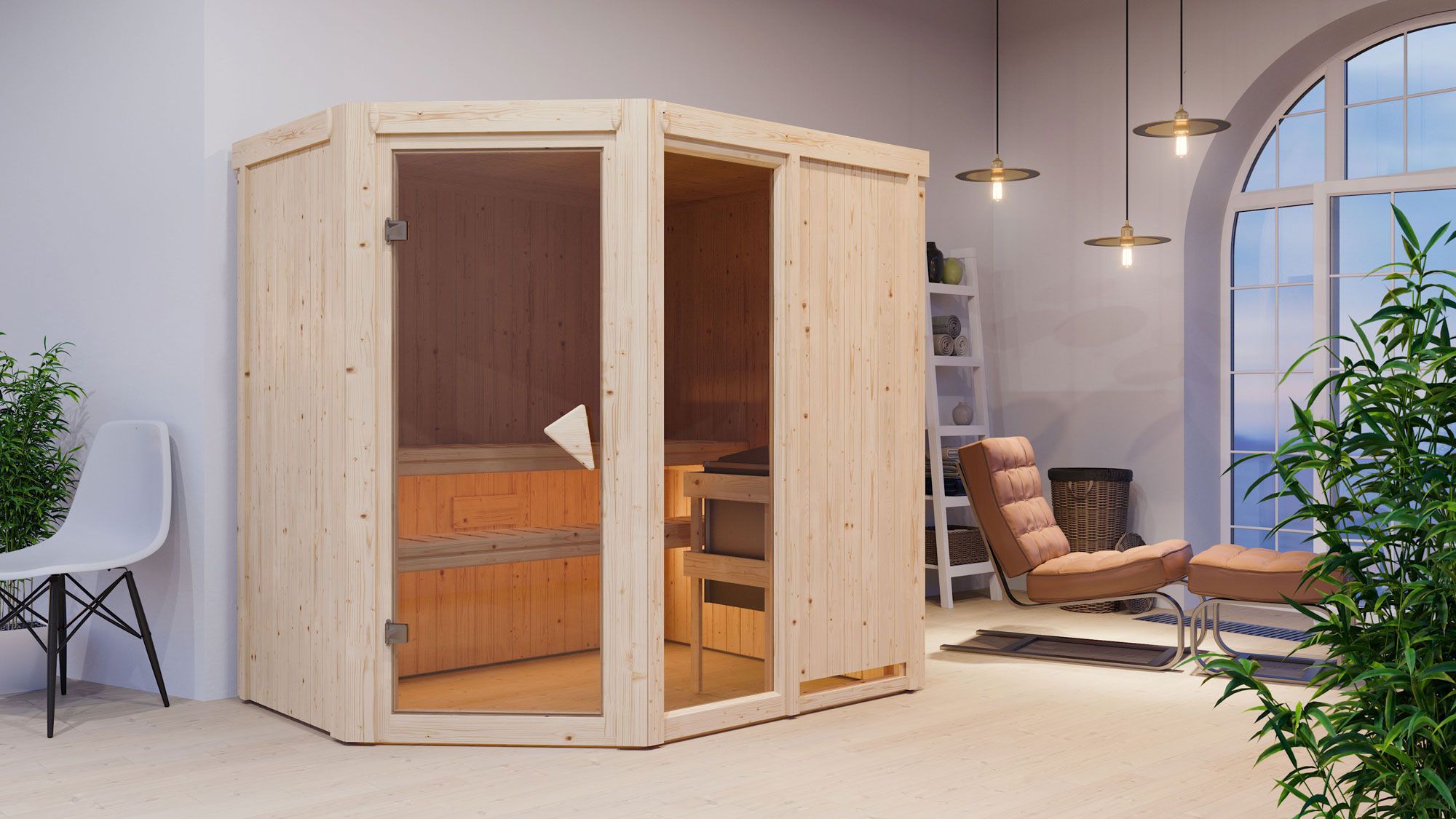 Sauna "Bjarki 1" SET mit bronzierter Tür & Ofen externe Steuerung easy 9 kW Edelstahl - 196 x 151 x 198 cm (B x T x H)