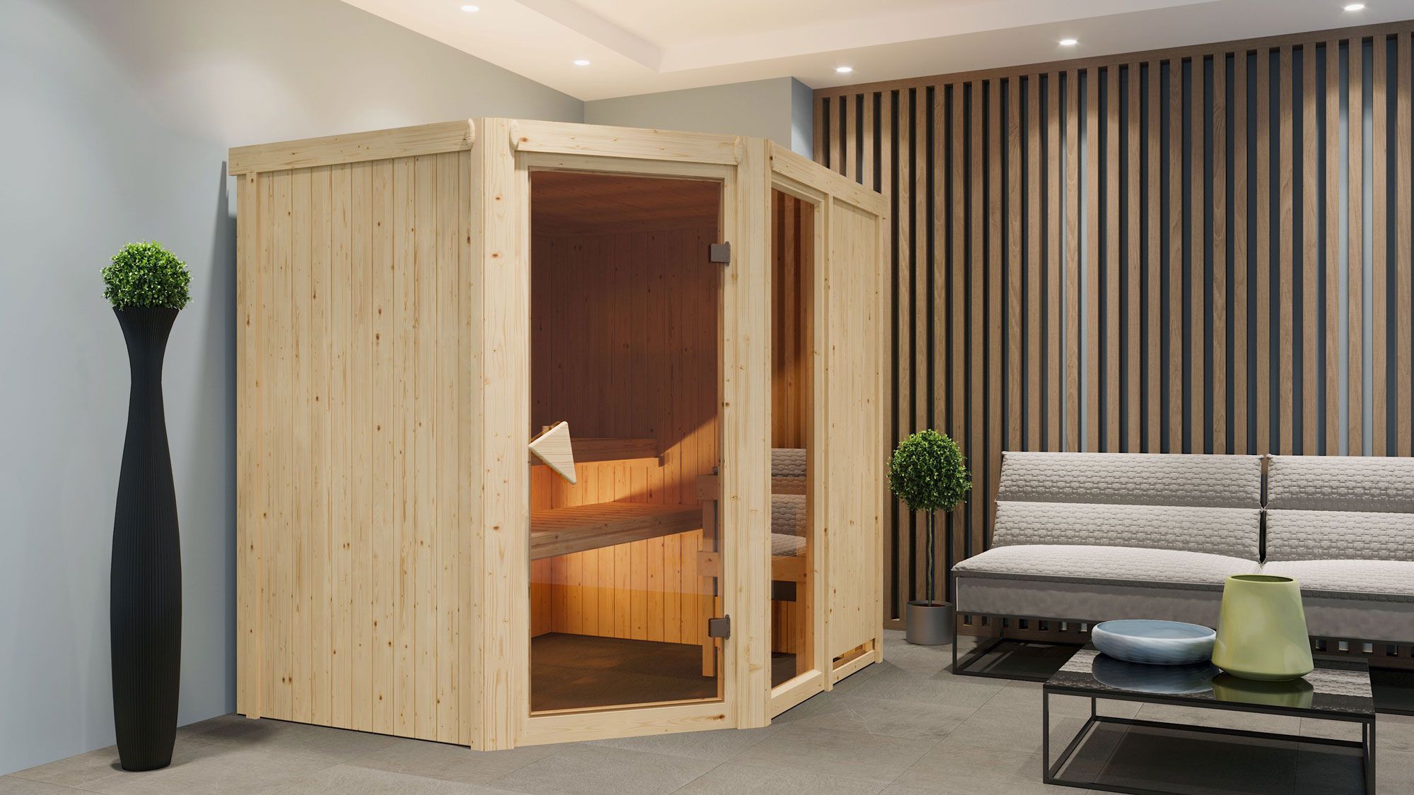Sauna "Bjarki 2" SET mit bronzierter Tür & Ofen BIO 9 kW Edelstahl - 196 x 170 x 198 cm (B x T x H)