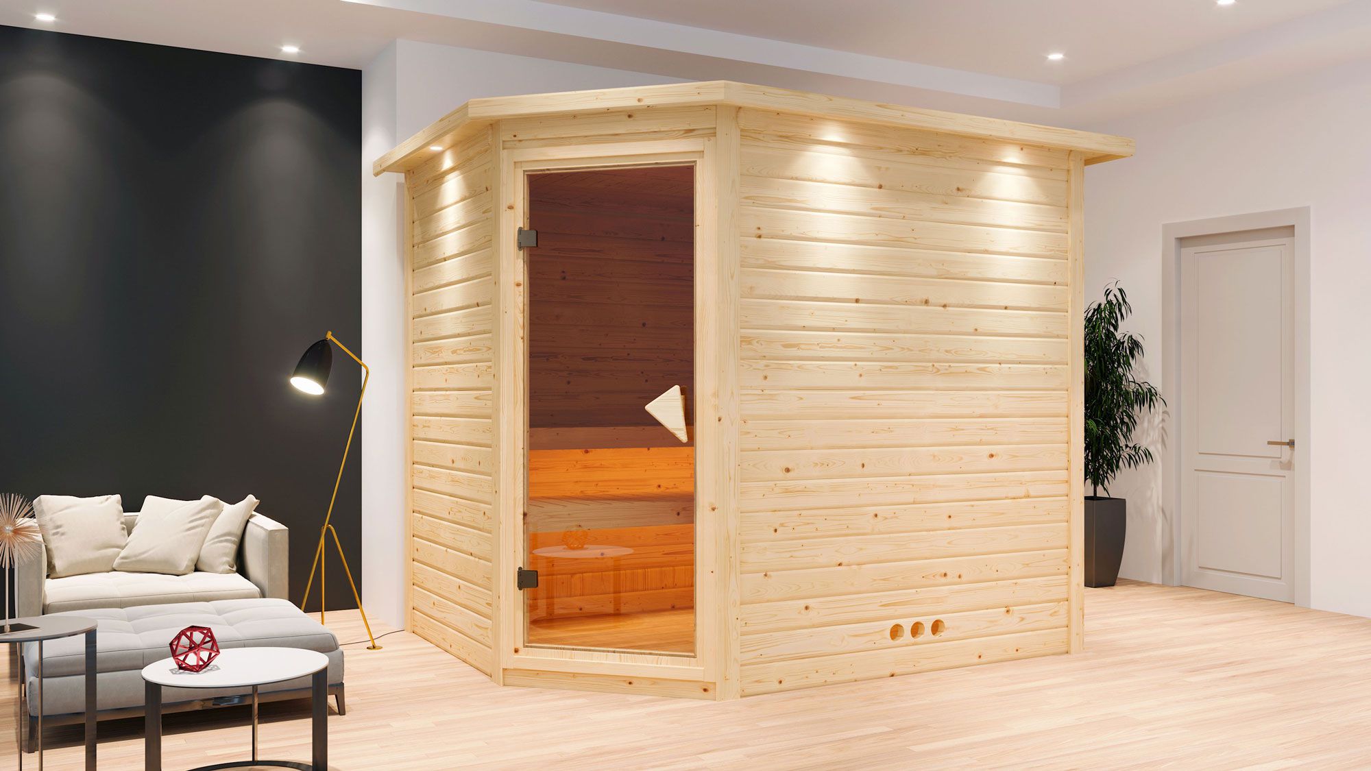 Sauna "Kirsten" SET mit bronzierter Tür und Kranz  mit Ofen externe Steuerung easy 9 kW Edelstahl - 259 x 210 x 205 cm (B x T x H)