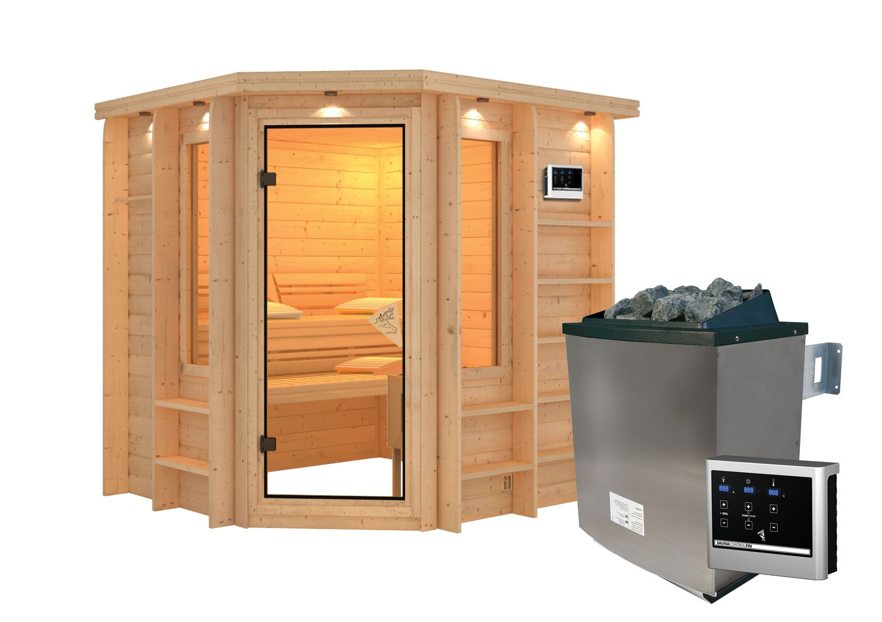 Sauna "Enania" SET mit bronzierter Tür und Kranz  mit Ofen externe Steuerung easy 9 kW Edelstahl - 224 x 210 x 206 cm (B x T x H)
