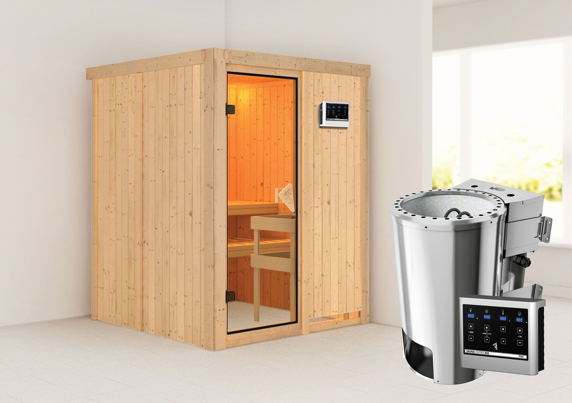 Sauna "Joran" SET mit bronzierter Tür und Ofen BIO 3,6 kW - 151 x 151 x 198 cm (B x T x H)