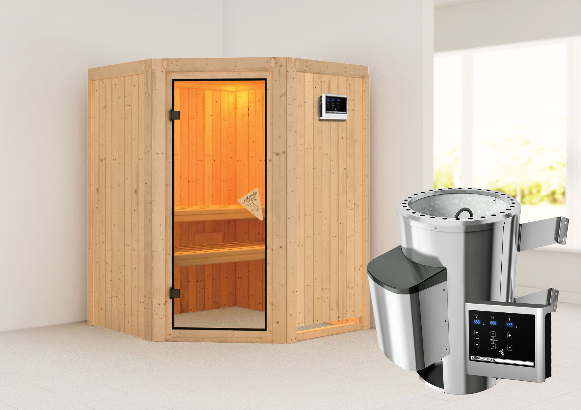 Sauna "Loran" SET mit bronzierter Tür - Farbe: Natur, Ofen externe Steuerung easy 3,6 kW - 151 x 151 x 198 cm (B x T x H)