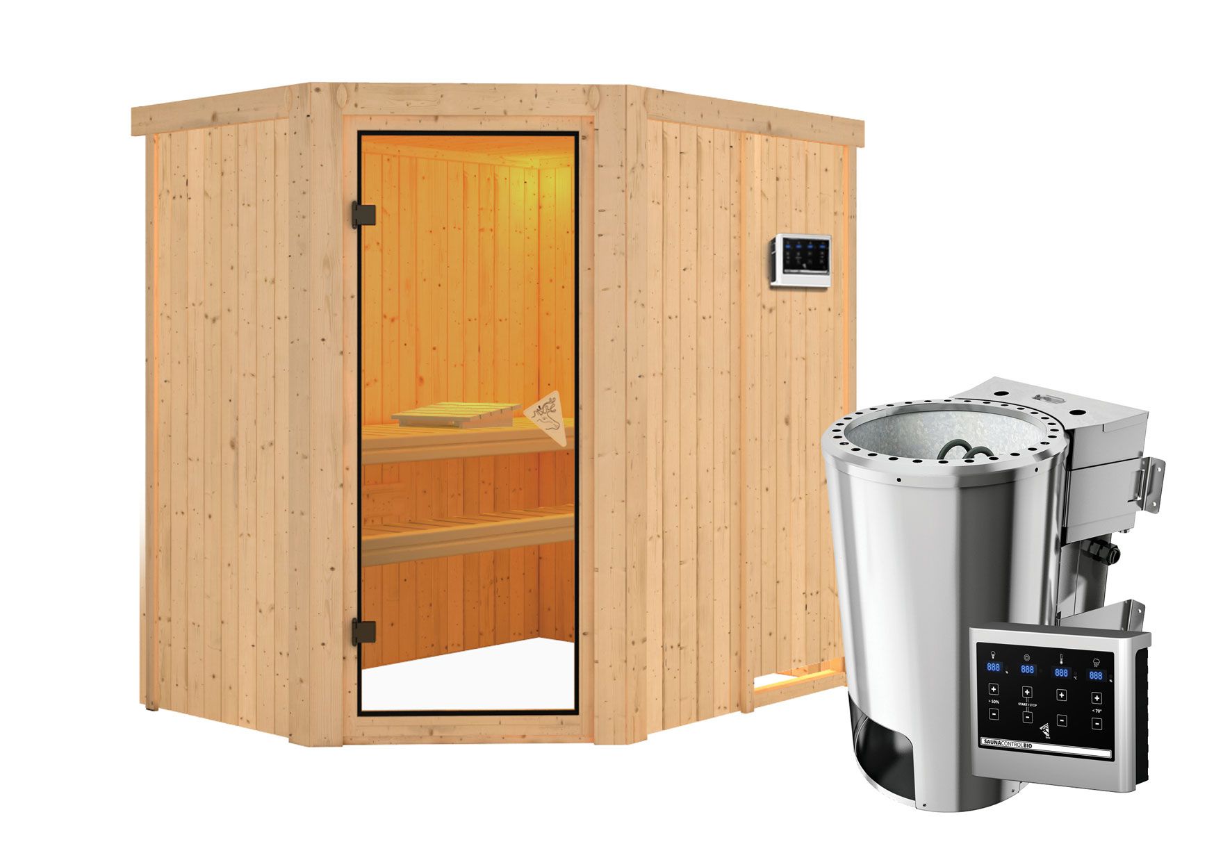 Sauna "Ole" SET mit bronzierter Tür und Ofen BIO 3,6 kW - 151 x 196 x 198 cm (B x T x H)