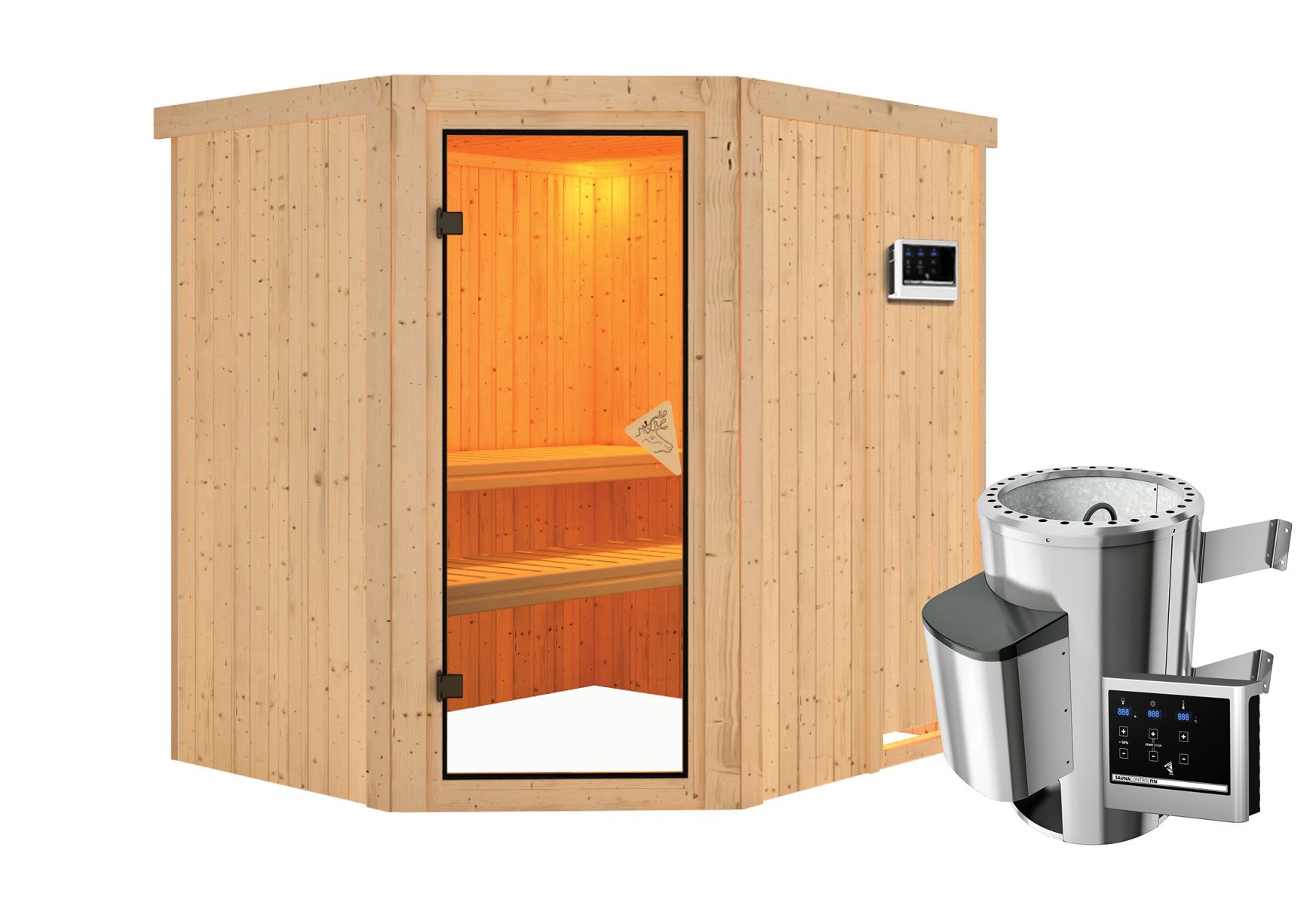 Sauna "Askjell" SET mit bronzierter Tür - Farbe: Natur, Ofen externe Steuerung easy 3,6 kW - 196 x 170 x 198 cm (B x T x H)