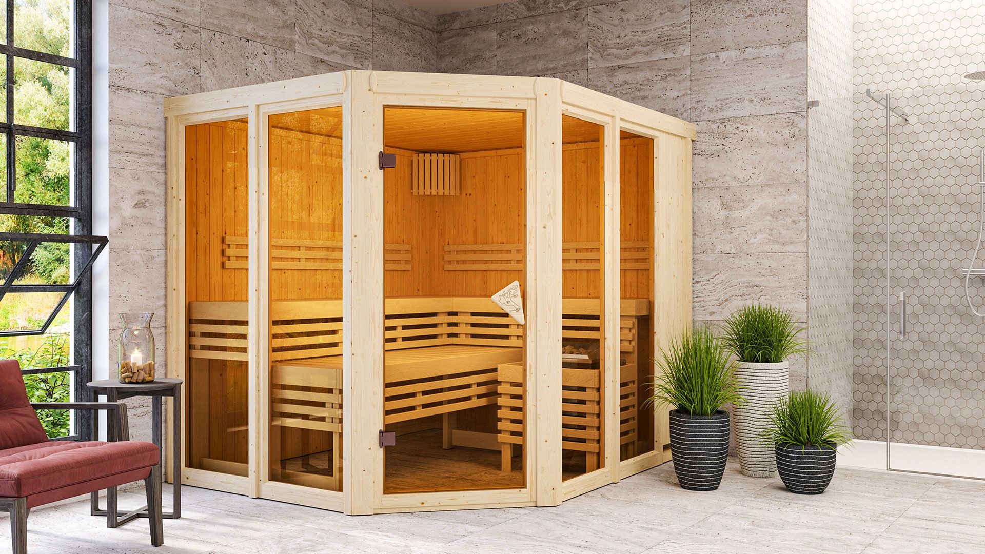 Sauna "Alvara" SET mit bronzierter Tür - Farbe: Natur, Ofen 9 kW - 231 x 196 x 198 cm (B x T x H)