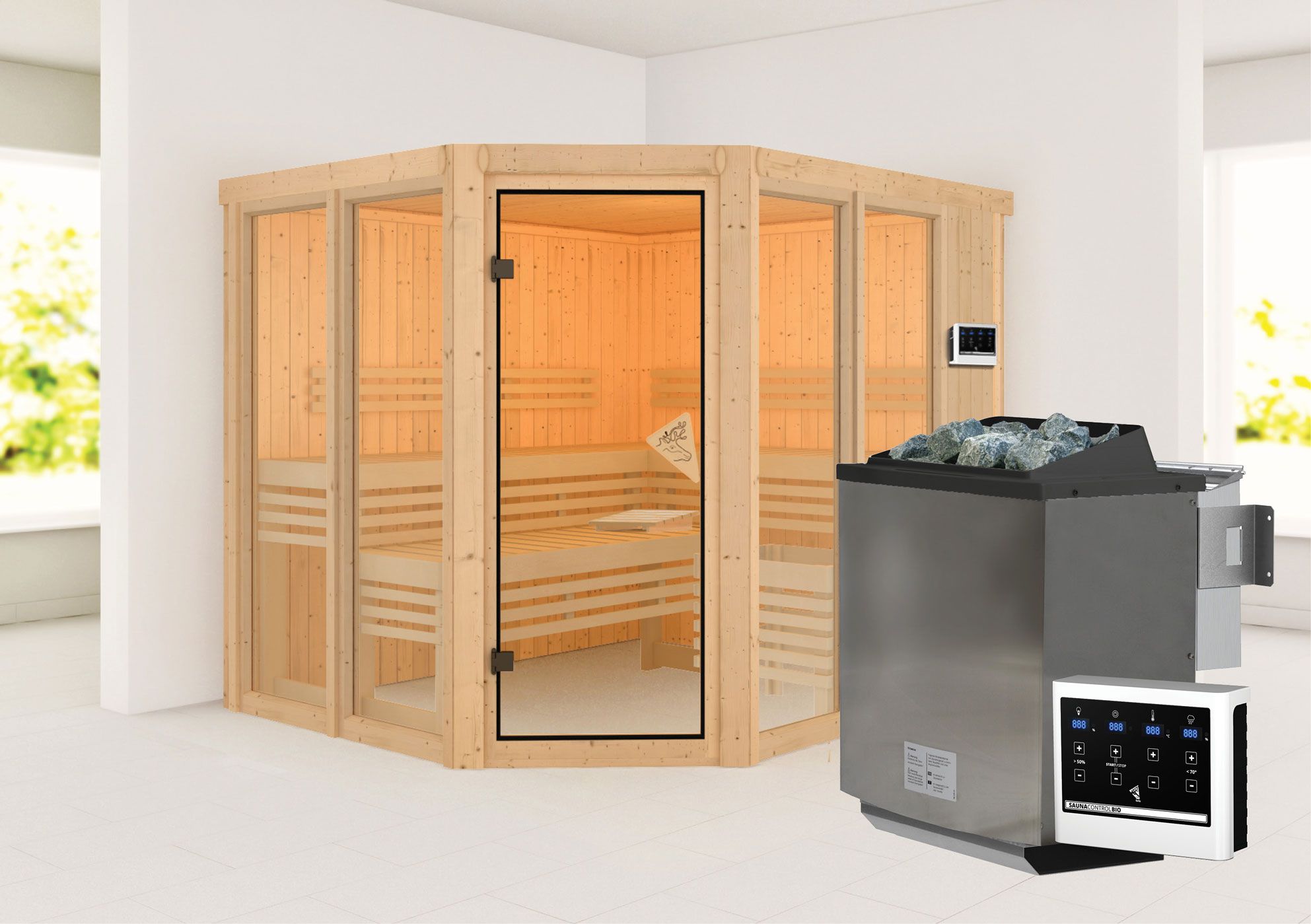 Sauna "Alvara" SET mit bronzierter Tür - Farbe: Natur, Ofen BIO 9 kW mit - 231 x 196 x 198 cm (B x T x H)