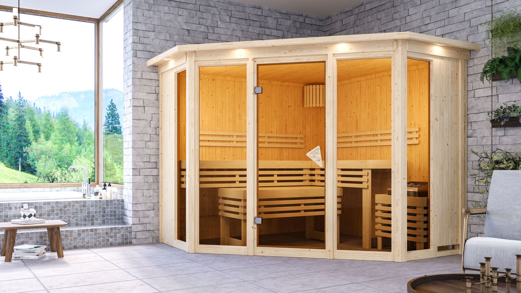 Sauna "Dilja" SET mit bronzierter Tür und Kranz - Farbe: Natur, Ofen 9 kW - 245 x 245 x 202 cm (B x T x H)