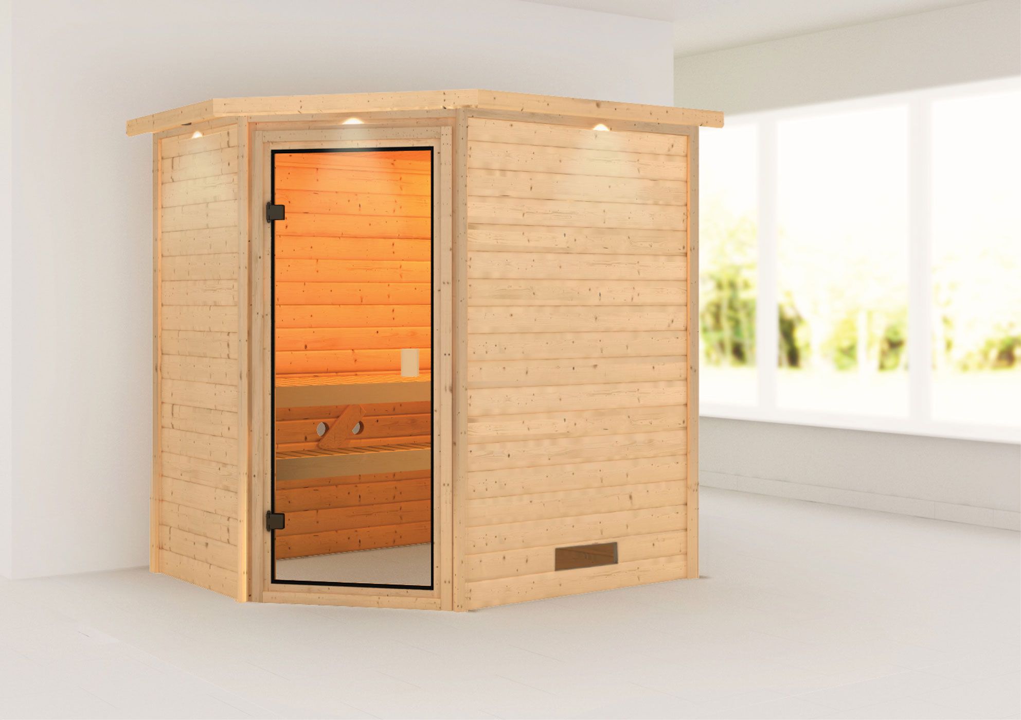 Sauna "Njal" mit bronzierter Tür und Kranz - Farbe: Natur - 223 x 159 x 191 cm (B x T x H)