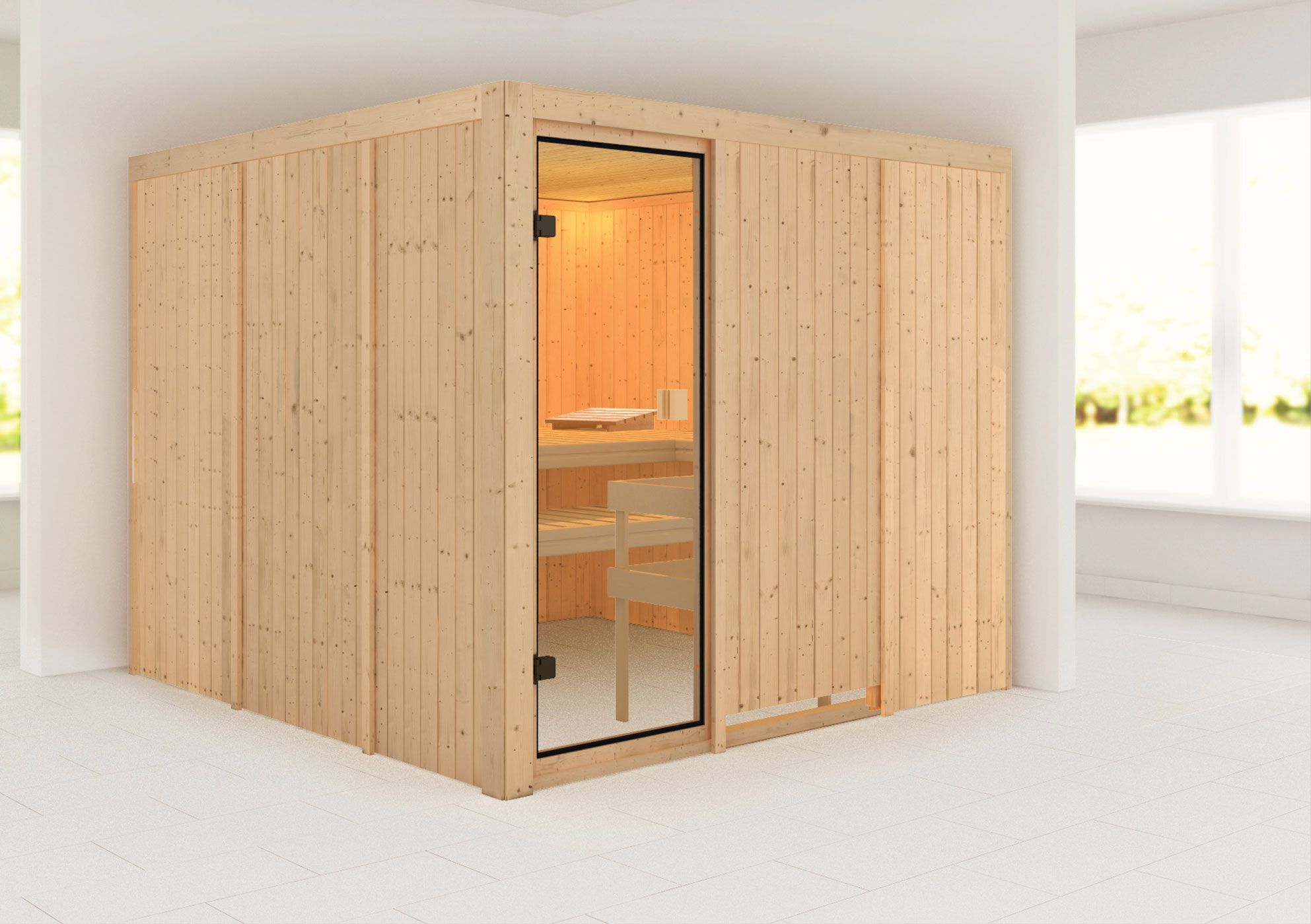 Sauna "Eldar" mit bronzierter Tür - Farbe: Natur - 231 x 231 x 198 cm (B x T x H)