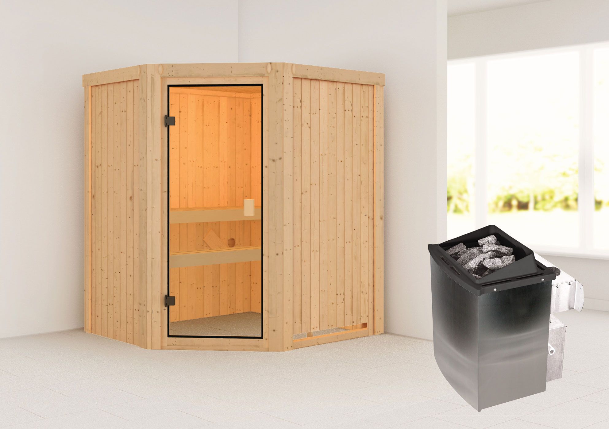 Sauna "Geysa" SET - Farbe: Natur, Ofen 9 kW - 170 x 151 x 198 cm (B x T x H)