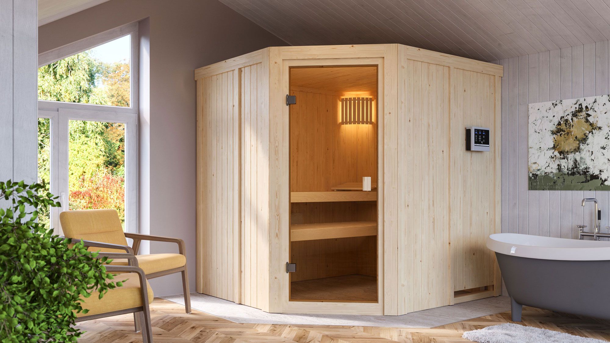 Sauna "Manadis" SET mit bronzierter Tür - Farbe: Natur, Ofen externe Steuerung easy 9 kW - 196 x 178 x 198 cm (B x T x H)