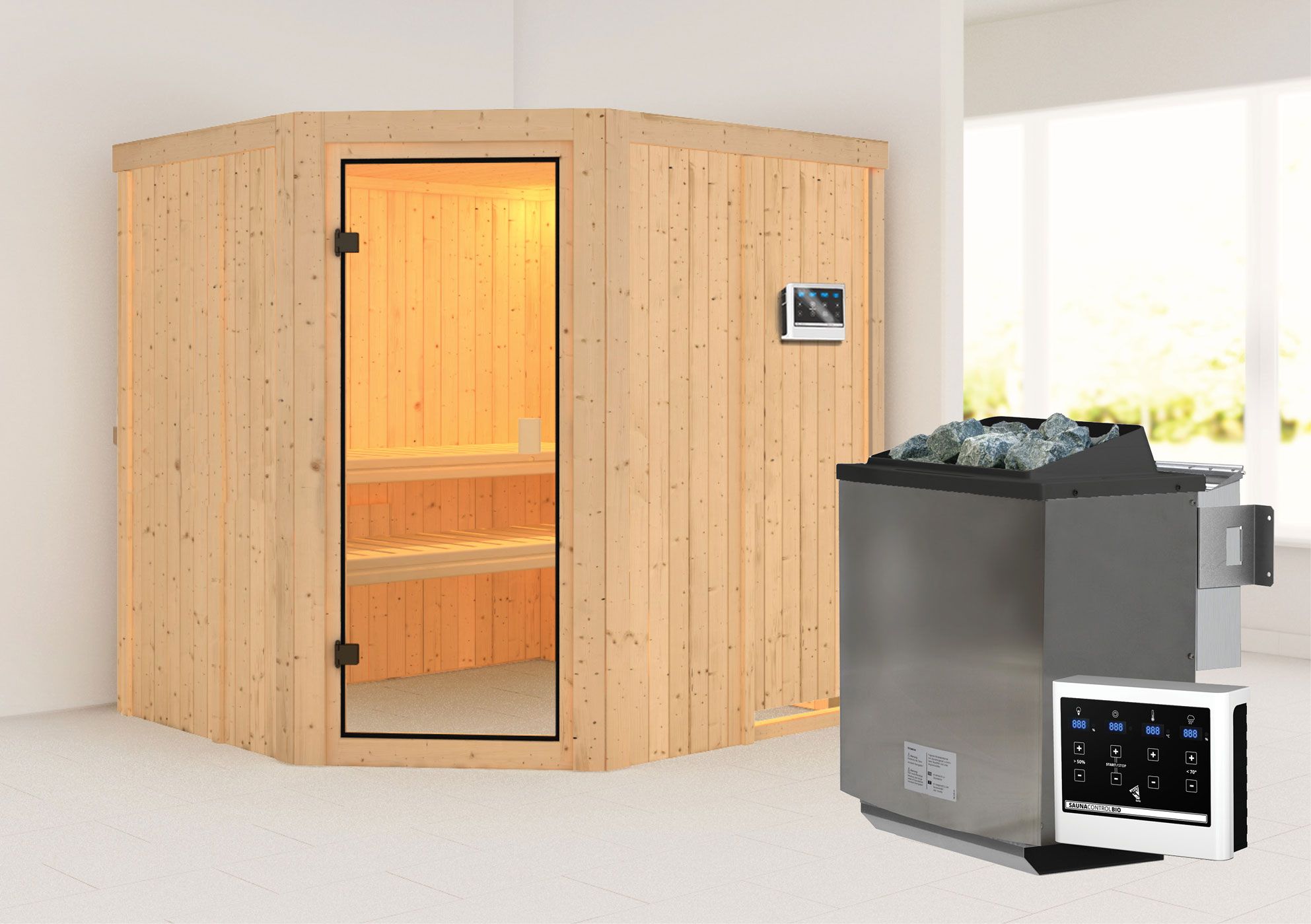 Sauna "Manadis" SET mit bronzierter Tür - Farbe: Natur, Ofen BIO 9 kW - 196 x 178 x 198 cm (B x T x H)