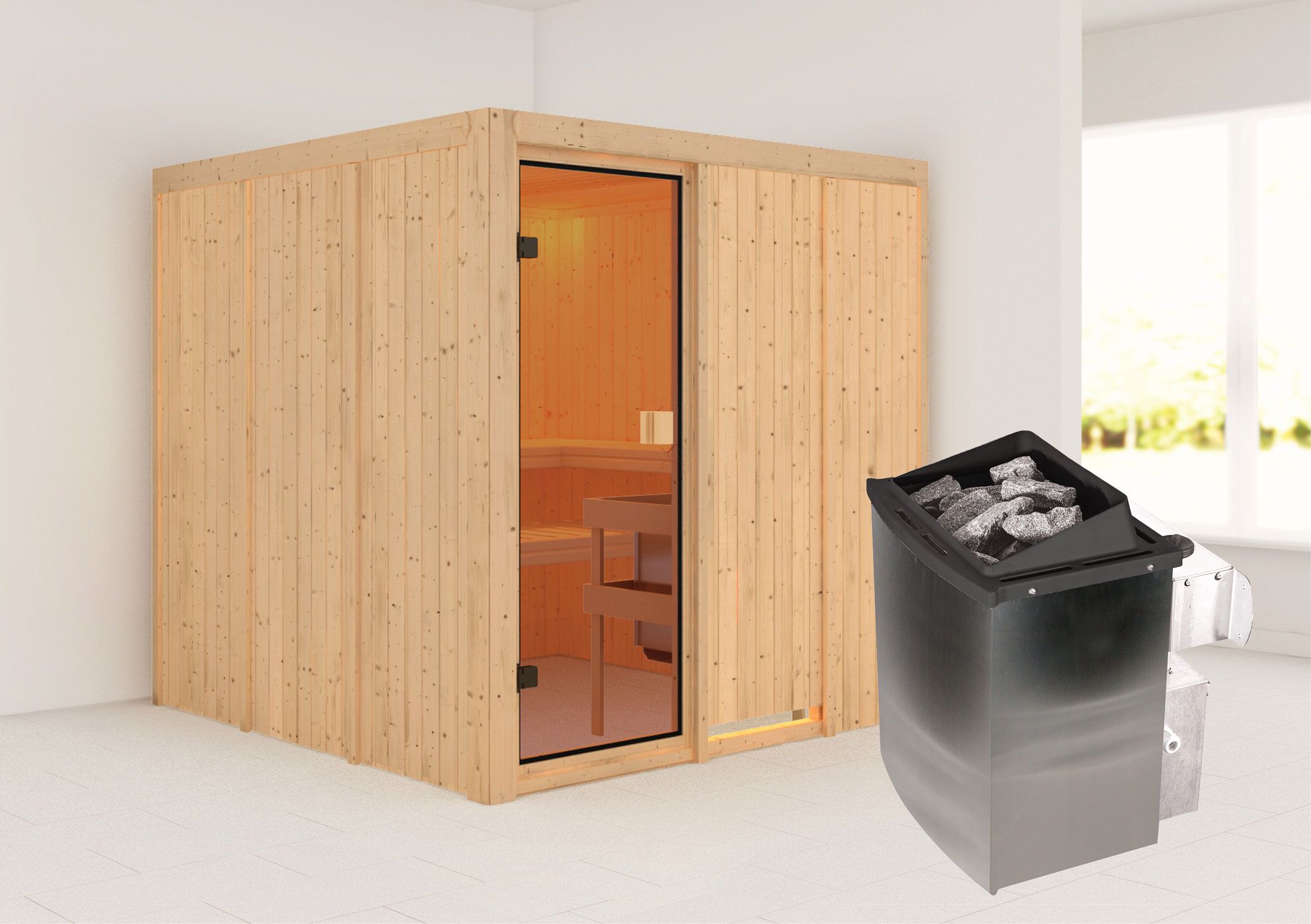 Sauna "Njola" SET mit bronzierter Tür - Farbe: Natur, Ofen 9 kW - 196 x 196 x 198 cm (B x T x H)