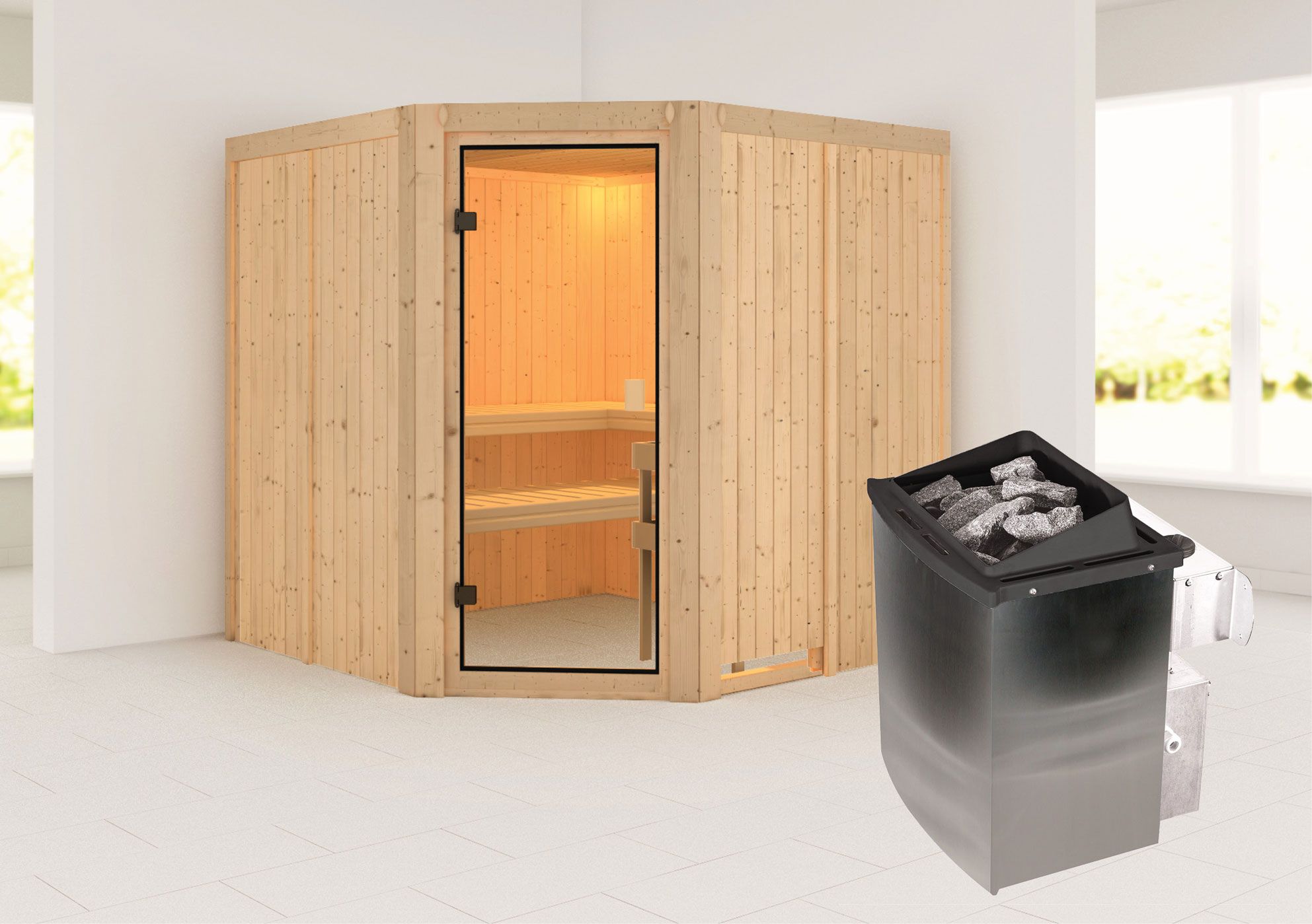 Sauna "Soley" SET mit bronzierter Tür - Farbe: Natur, Ofen 9 kW - 196 x 196 x 198 cm (B x T x H)