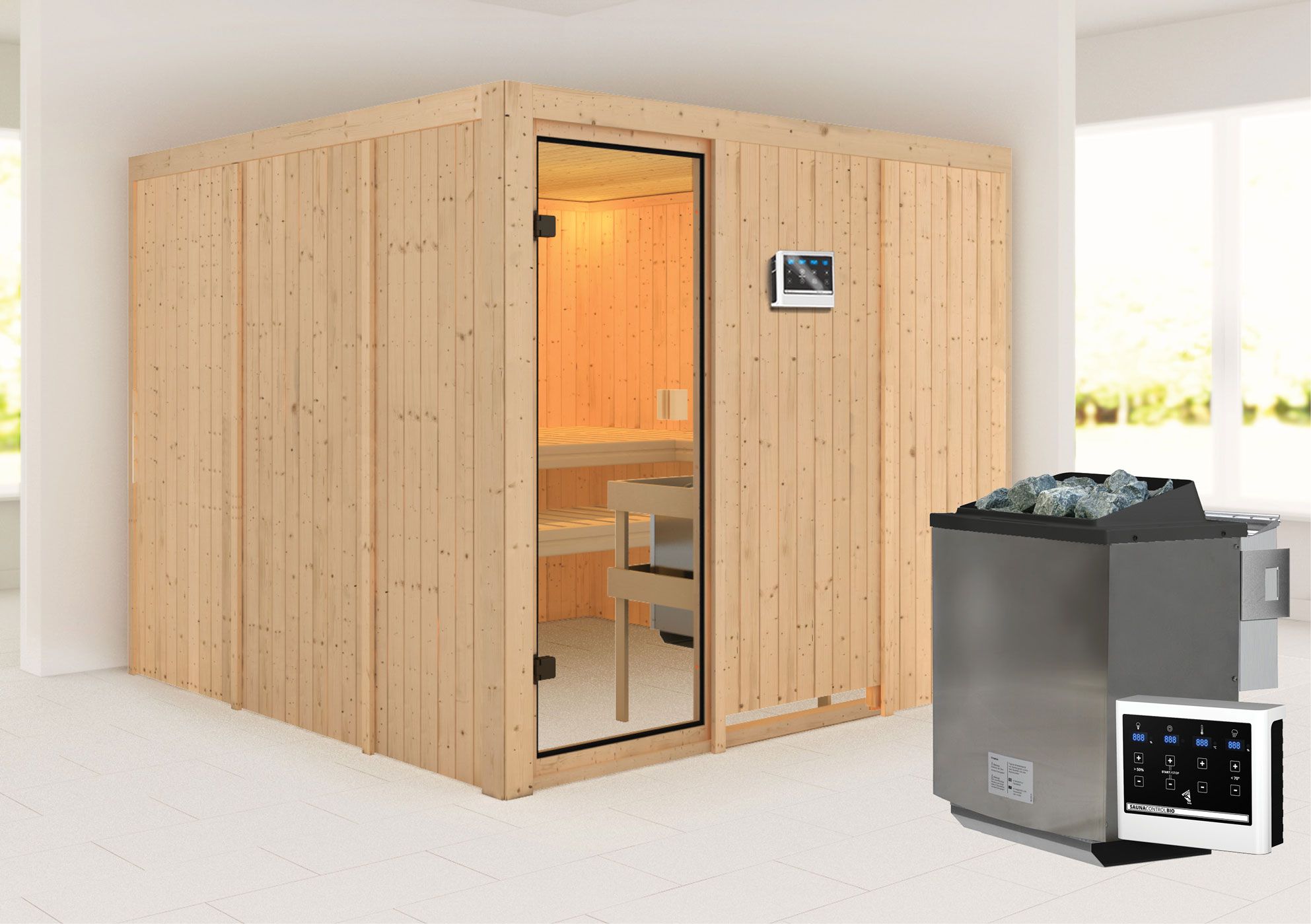 Sauna "Eldar" SET mit bronzierter Tür - Farbe: Natur, Ofen BIO 9 kW - 231 x 231 x 198 cm (B x T x H)