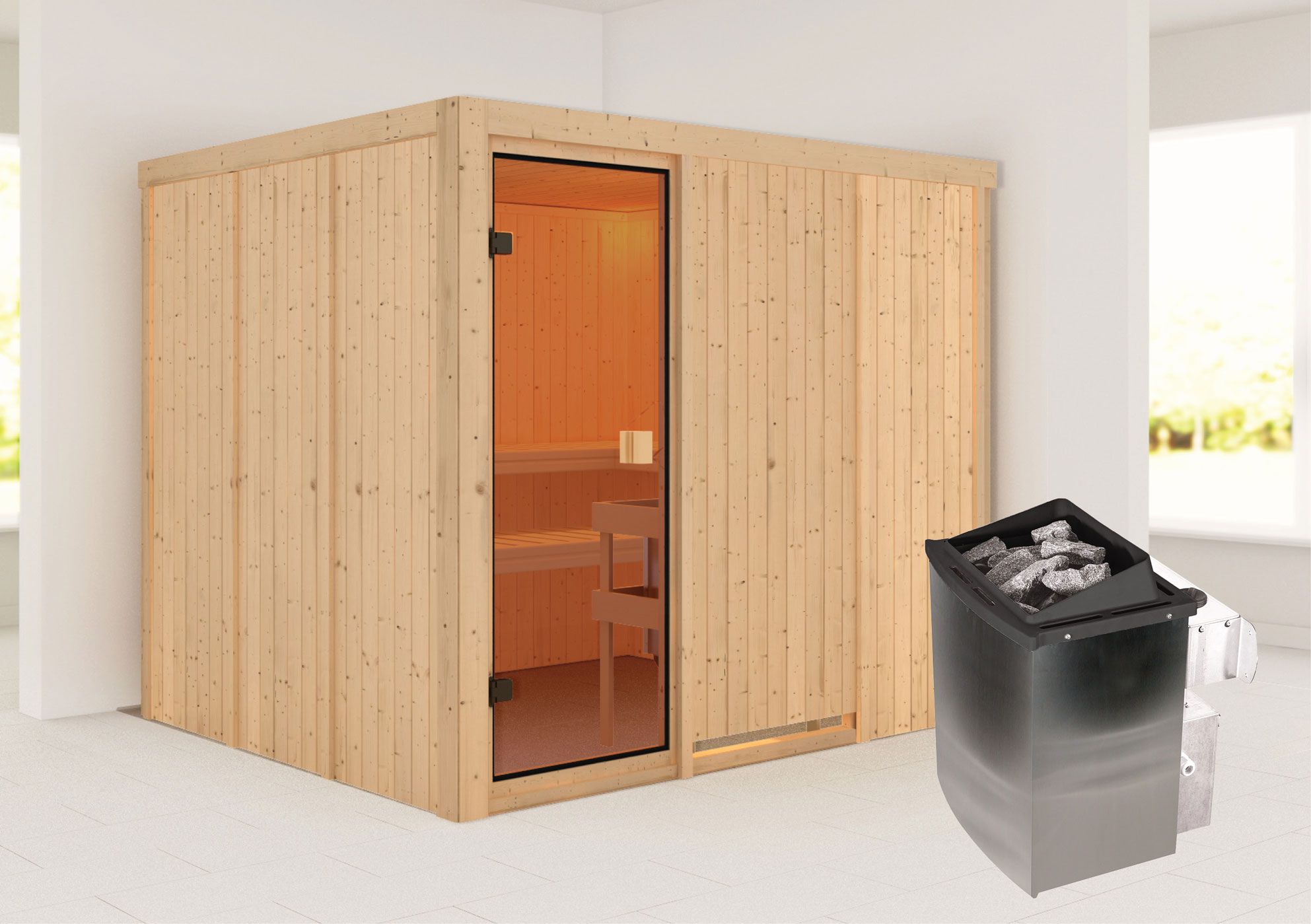 Sauna "Anders" SET mit bronzierter Tür - Farbe: Natur, Ofen 9 kW - 231 x 196 x 198 cm (B x T x H)