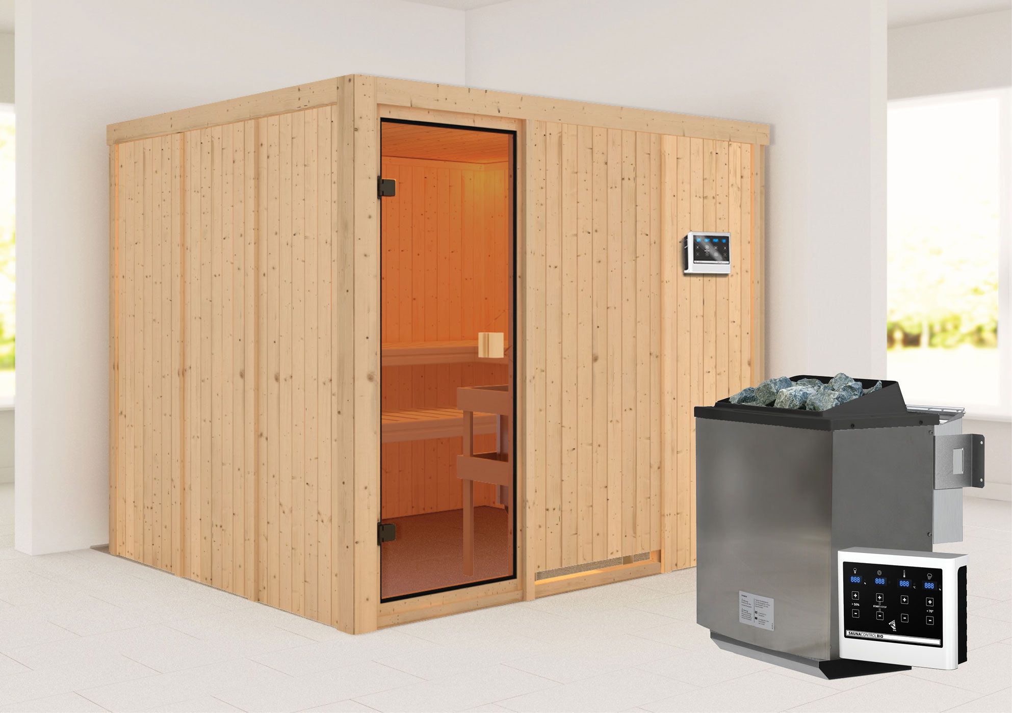Sauna "Anders" SET mit bronzierter Tür - Farbe: Natur, Ofen BIO 9 kW - 231 x 196 x 198 cm (B x T x H)