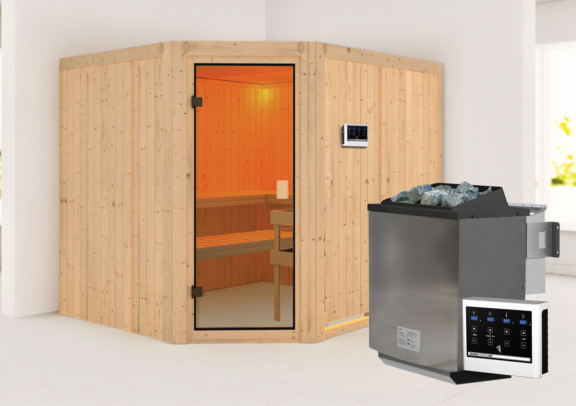 Sauna "Ando" SET mit bronzierter Tür - Farbe: Natur, Ofen BIO 9 kW - 231 x 196 x 198 cm (B x T x H)
