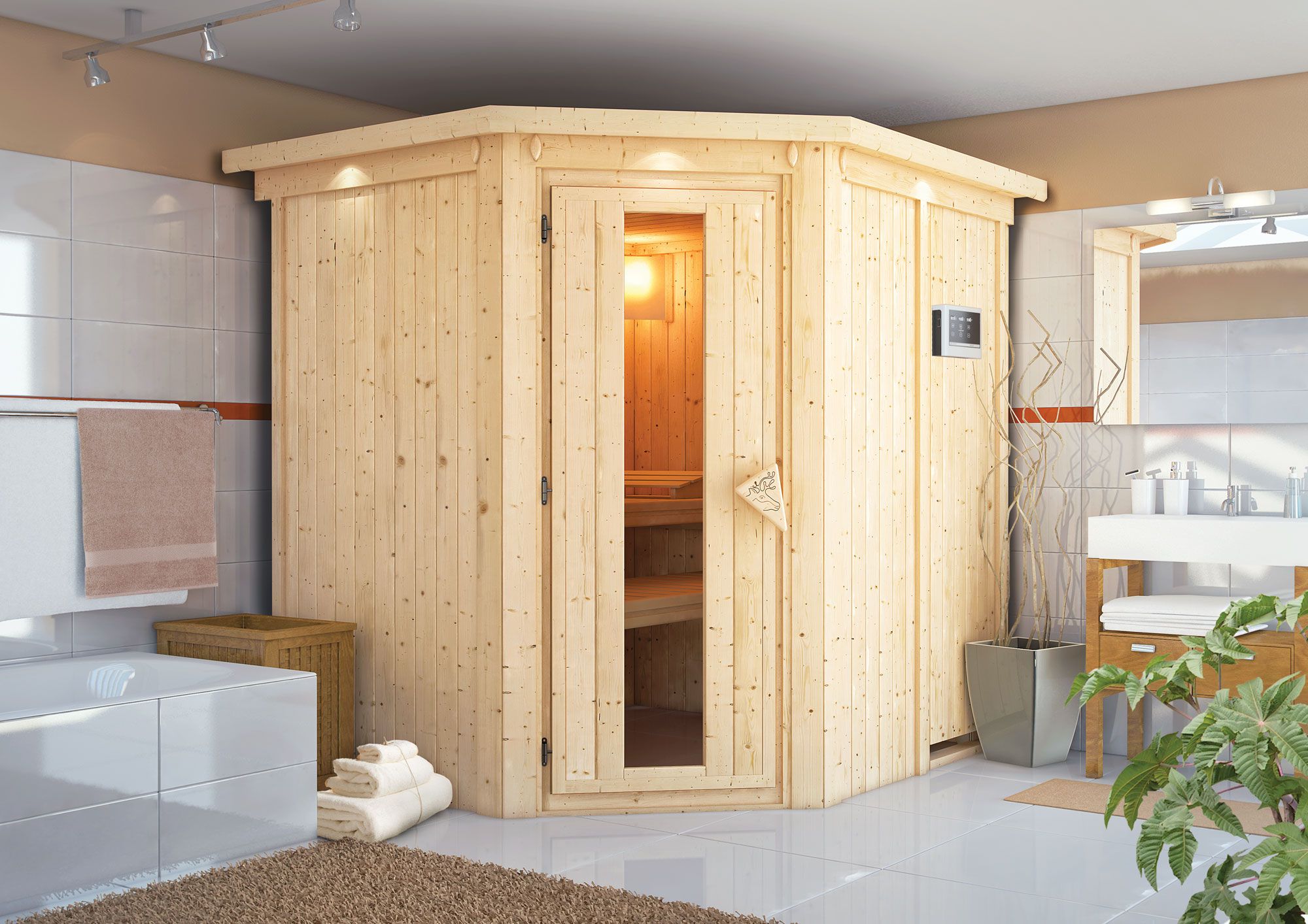 Sauna "Gylfi" mit Kranz und Ofen externe Steuerung easy 3,6 kW Modern - 210 x 184 x 202 cm (B x T x H)