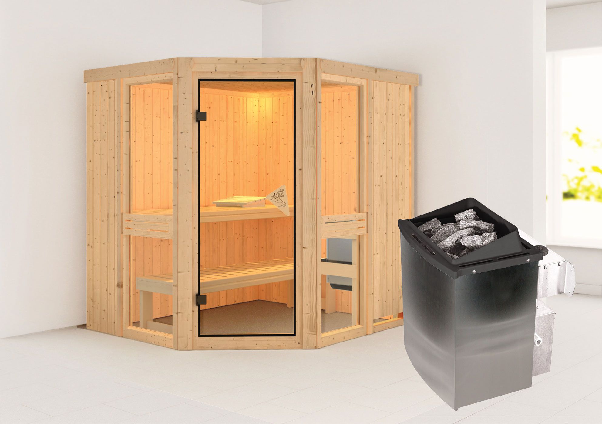 Sauna "Tjelvar 1" SET mit bronzierter Tür & Ofen 9 kW Edelstahl. - 196 x 170 x 198 cm (B x T x H)