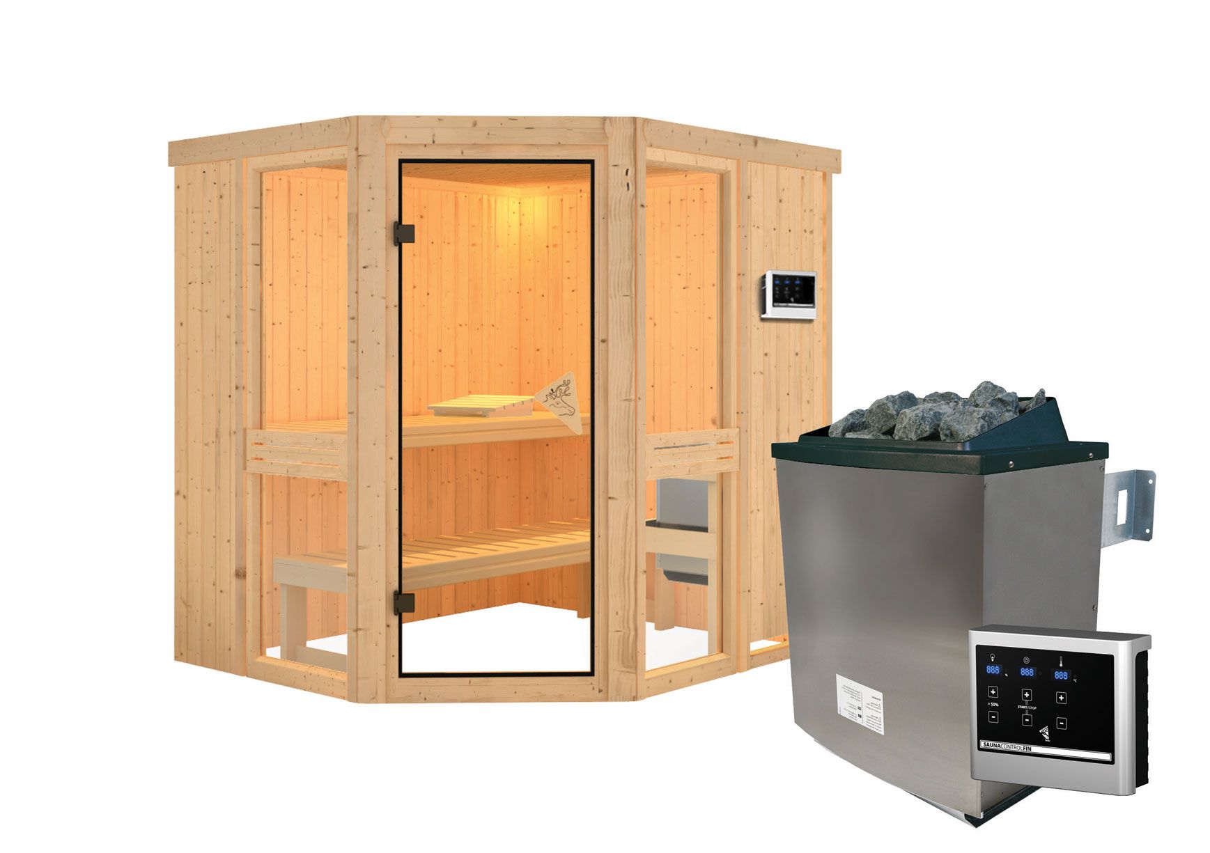 Sauna "Tjelvar 1" SET mit bronzierter Tür & Ofen externe Steuerung easy 9 kW Edelstahl - 196 x 170 x 198 cm (B x T x H)
