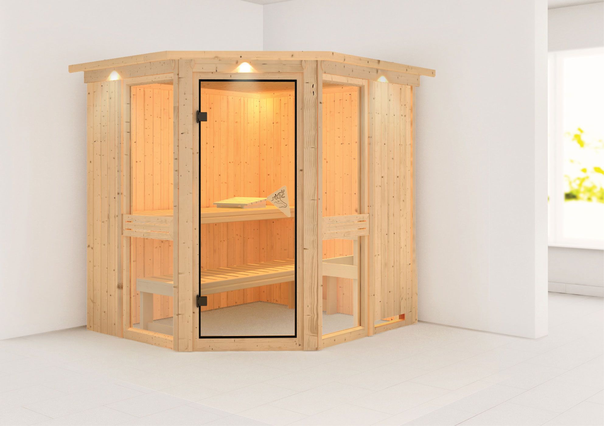 Sauna "Tjelvar 1" SET mit bronzierter Tür und Kranz - Farbe: Natur - 210 x 184 x 202 cm (B x T x H)