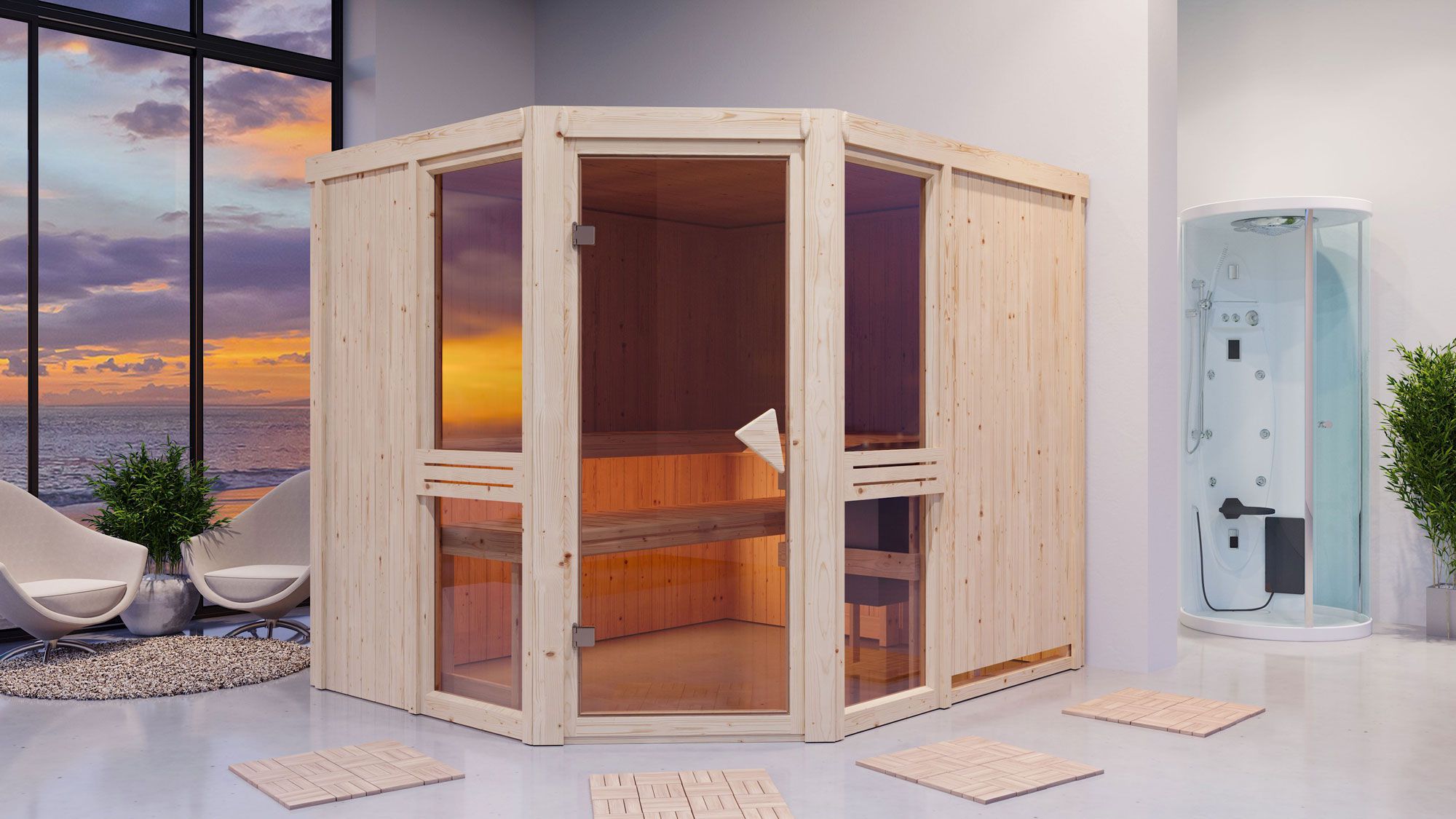 Sauna "Tjelvar 3" SET mit bronzierter Tür und Ofen externe Steuerung easy 9 kW - 231 x 196 x 198 cm (B x T x H)