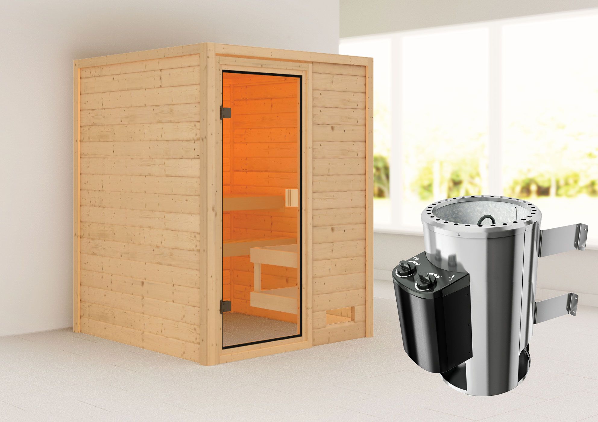 Sauna "Eivind" SET mit bronzierter Tür - Farbe: Natur, Ofen 3,6 kW - 145 x 145 x 187 cm (B x T x H)