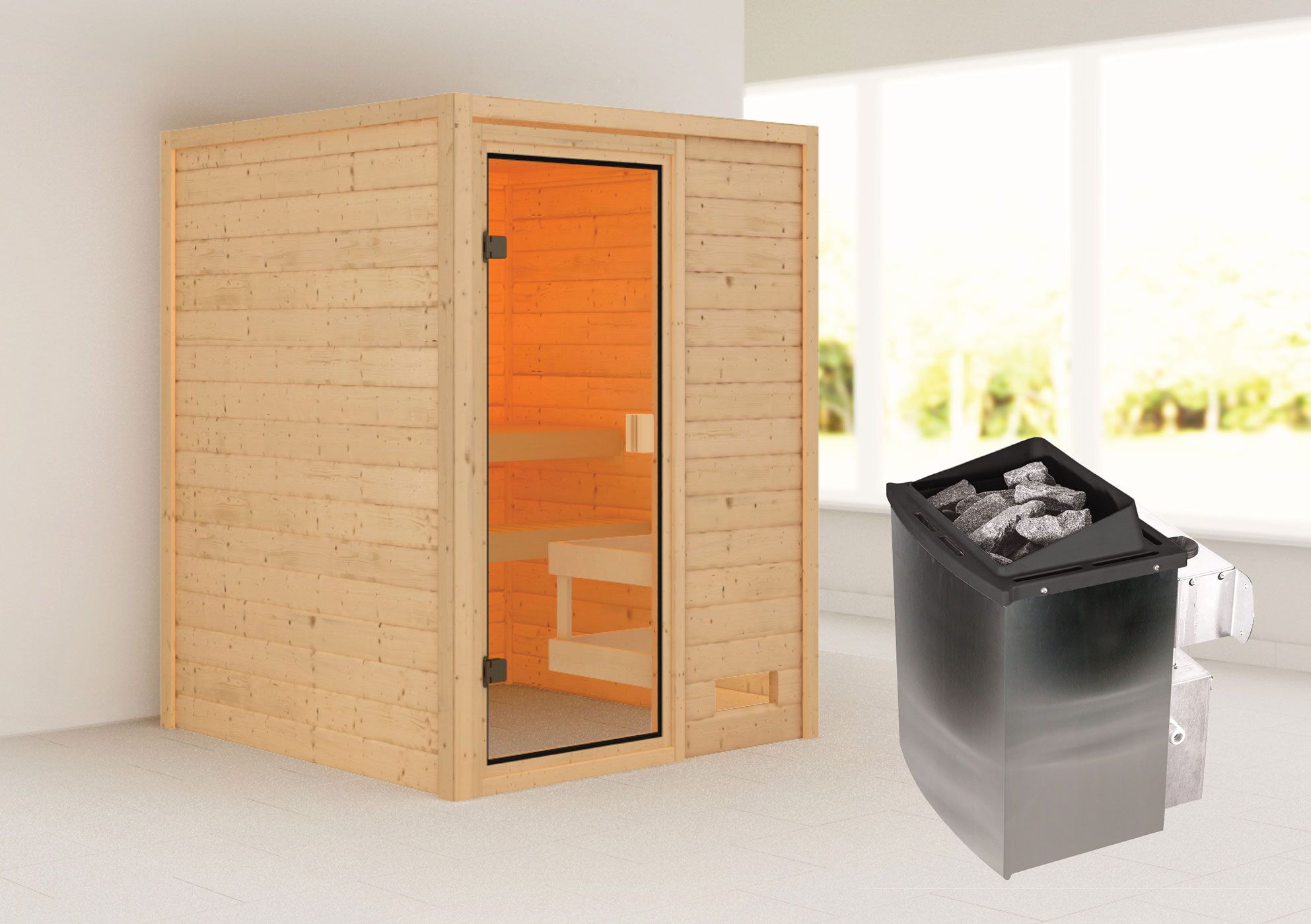 Sauna "Eivind" SET mit bronzierter Tür - Farbe: Natur, Ofen 9 kW - 145 x 145 x 187 cm (B x T x H)