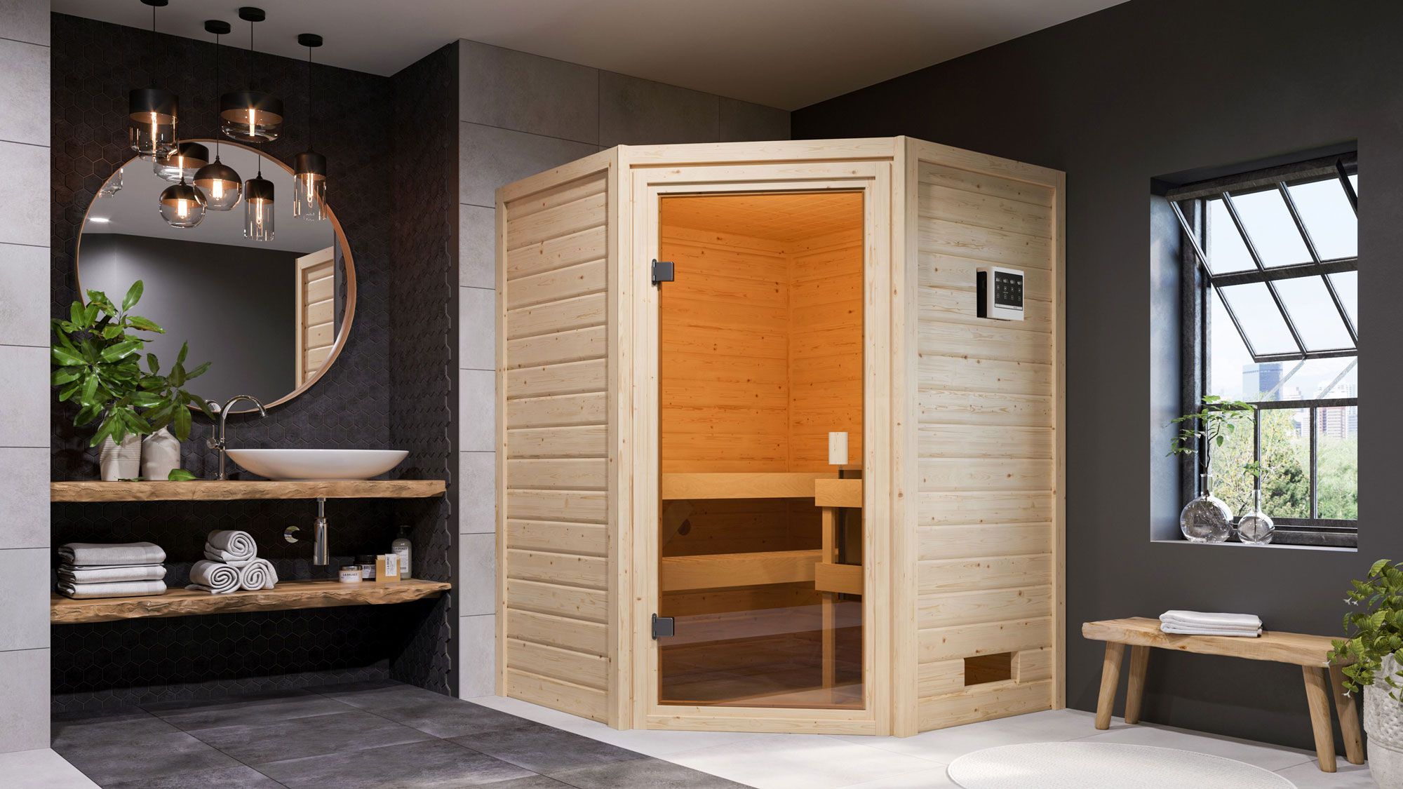 Sauna "Henrik" SET mit bronzierter Tür - Farbe: Natur, Ofen BIO 9 kW - 145 x 145 x 187 cm (B x T x H)