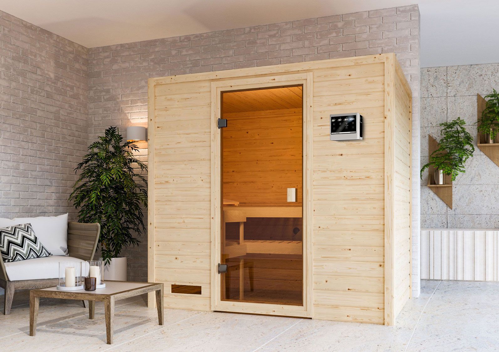 Sauna "Fynn" SET mit bronzierter Tür - Farbe: Natur, Ofen externe Steuerung easy 9 kW - 195 x 145 x 187 cm (B x T x H)