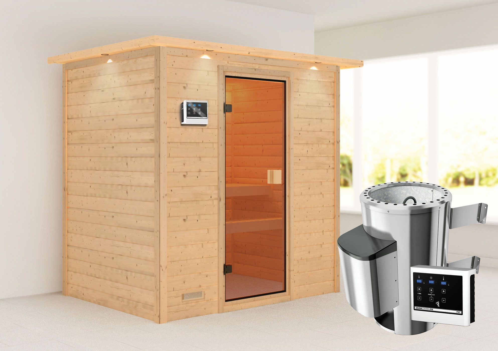 Sauna "Fynn" SET mit bronzierter Tür und Kranz - Farbe: Natur, Ofen externe Steuerung easy 3,6 kW - 223 x 159 x 191 cm (B x T x H)