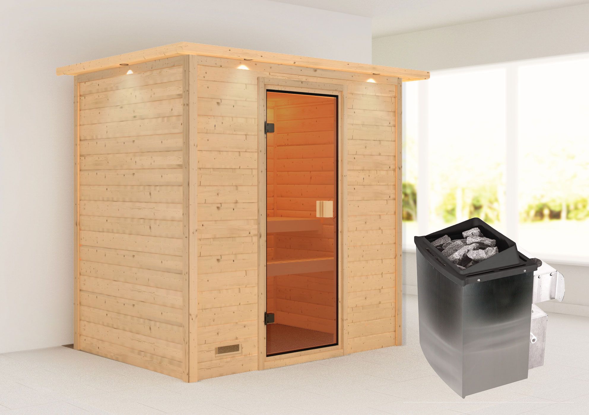 Sauna "Fynn" SET mit bronzierter Tür und Kranz - Farbe: Natur, Ofen 9 kW - 223 x 159 x 191 cm (B x T x H)