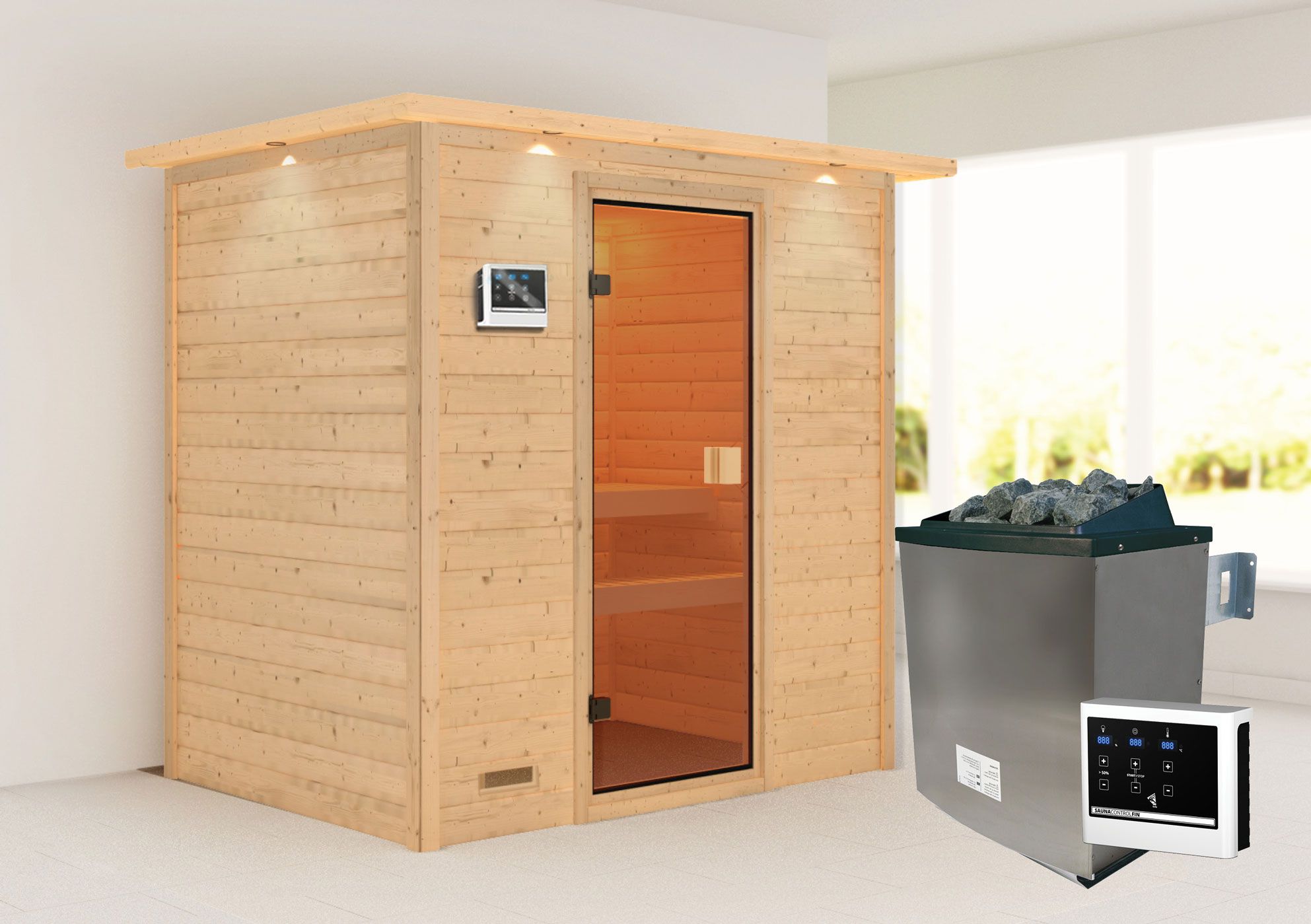 Sauna "Fynn" SET mit bronzierter Tür und Kranz - Farbe: Natur, Ofen externe Steuerung easy 9 kW - 223 x 159 x 191 cm (B x T x H)