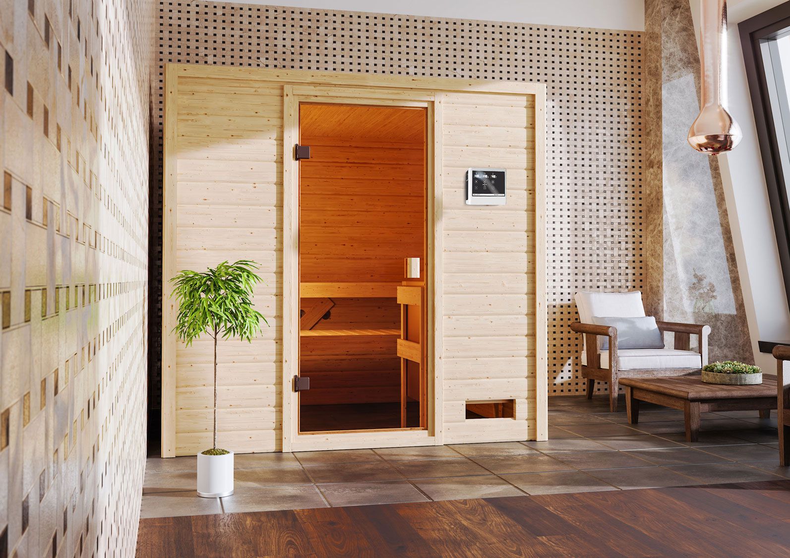 Sauna "Sjur" SET mit bronzierter Tür - Farbe: Natur, Ofen externe Steuerung easy 9 kW - 195 x 169 x 187 cm (B x T x H)