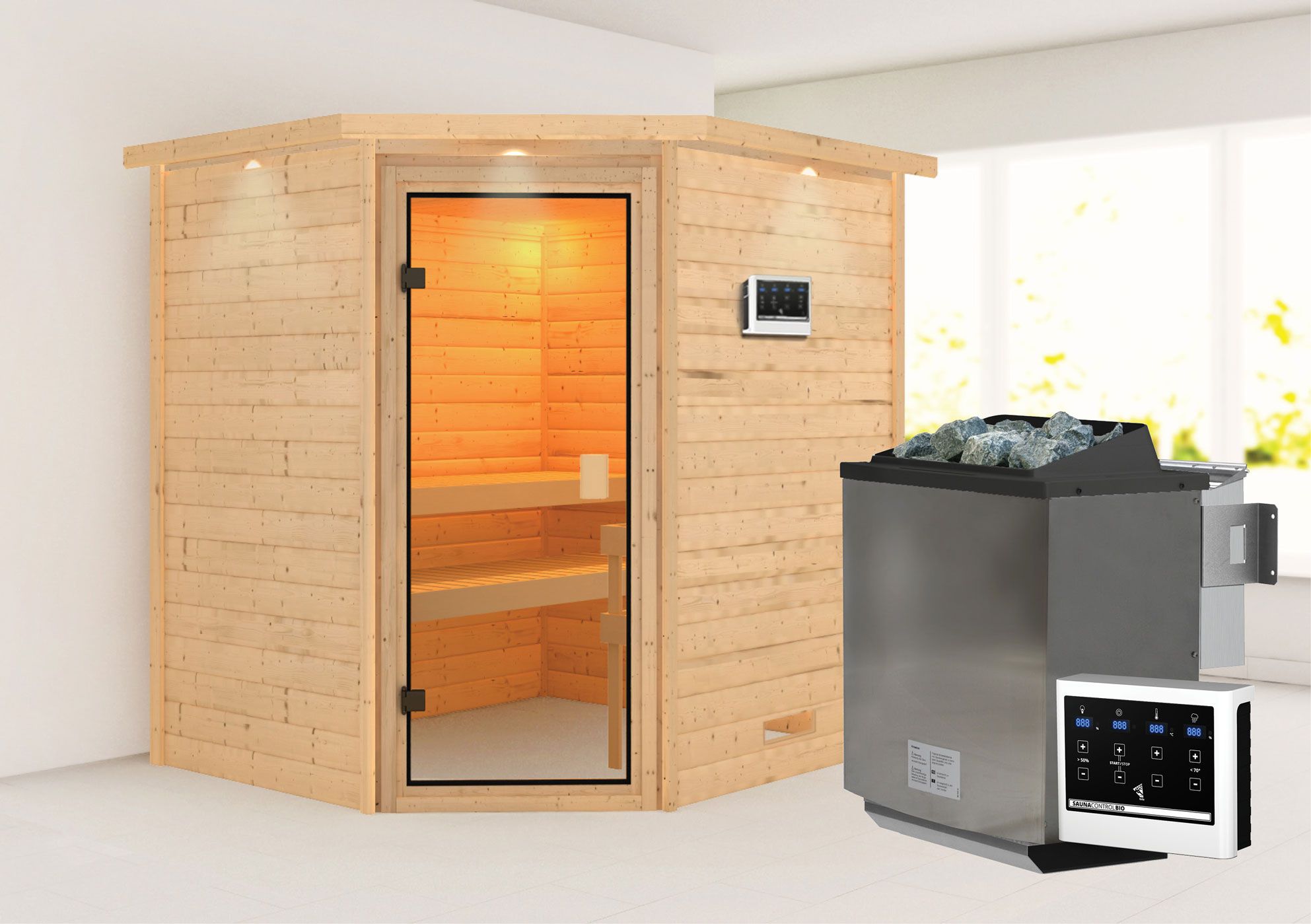 Sauna "Olai" SET mit bronzierter Tür und Kranz - Farbe: Natur, Ofen BIO 9 kW - 223 x 183 x 191 cm (B x T x H)