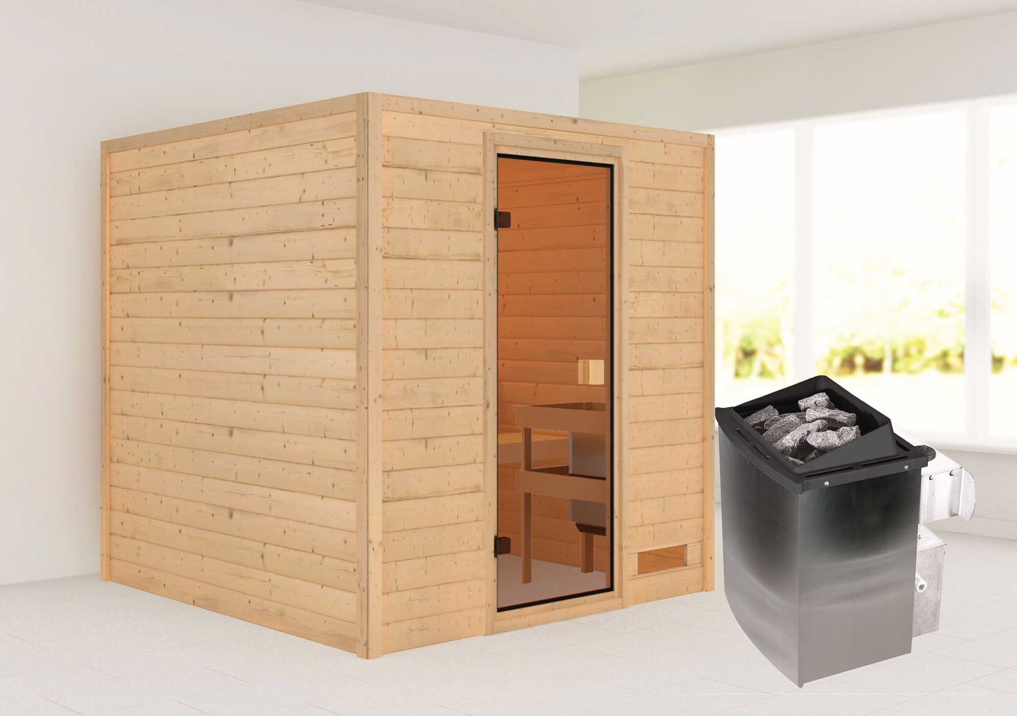 Sauna "Jesper" SET mit bronzierter Tür - Farbe: Natur, Ofen 9 kW - 195 x 195 x 187 cm (B x T x H)