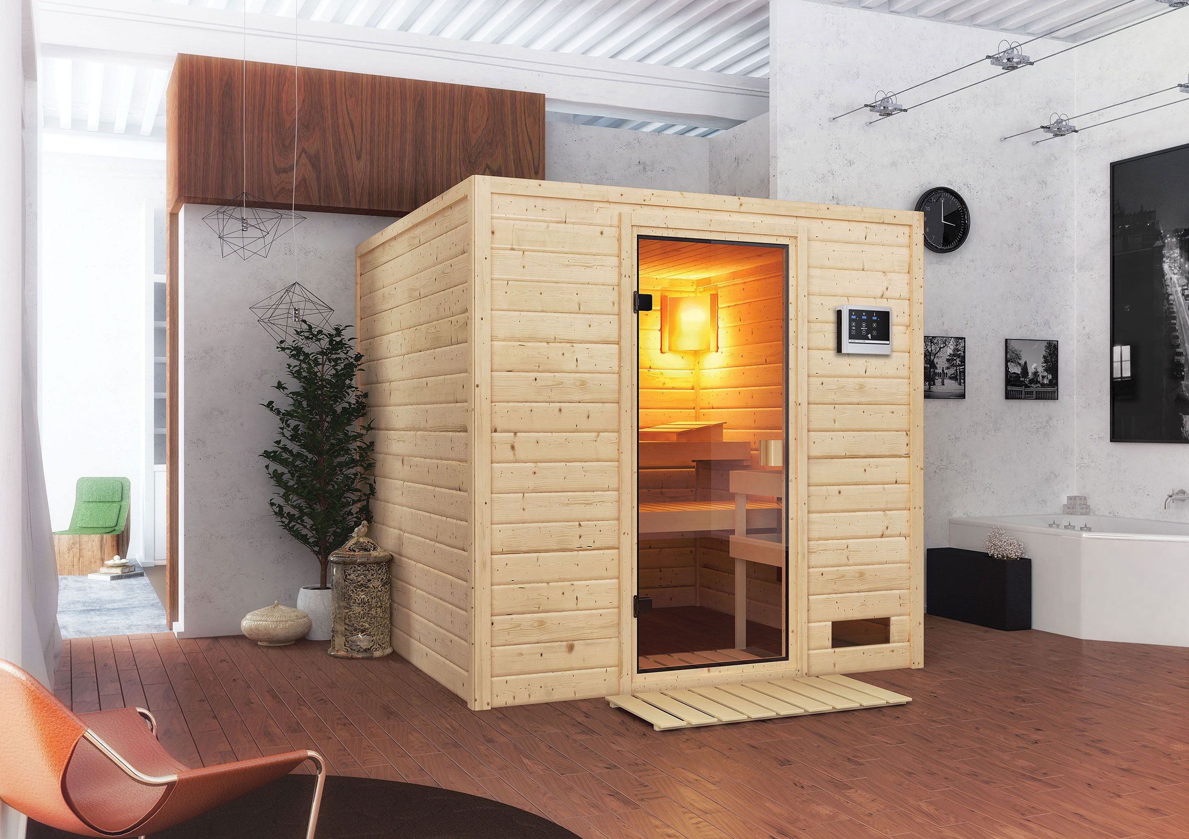 Sauna "Jesper" SET mit bronzierter Tür - Farbe: Natur, Ofen externe Steuerung easy 9 kW - 195 x 195 x 187 cm (B x T x H)