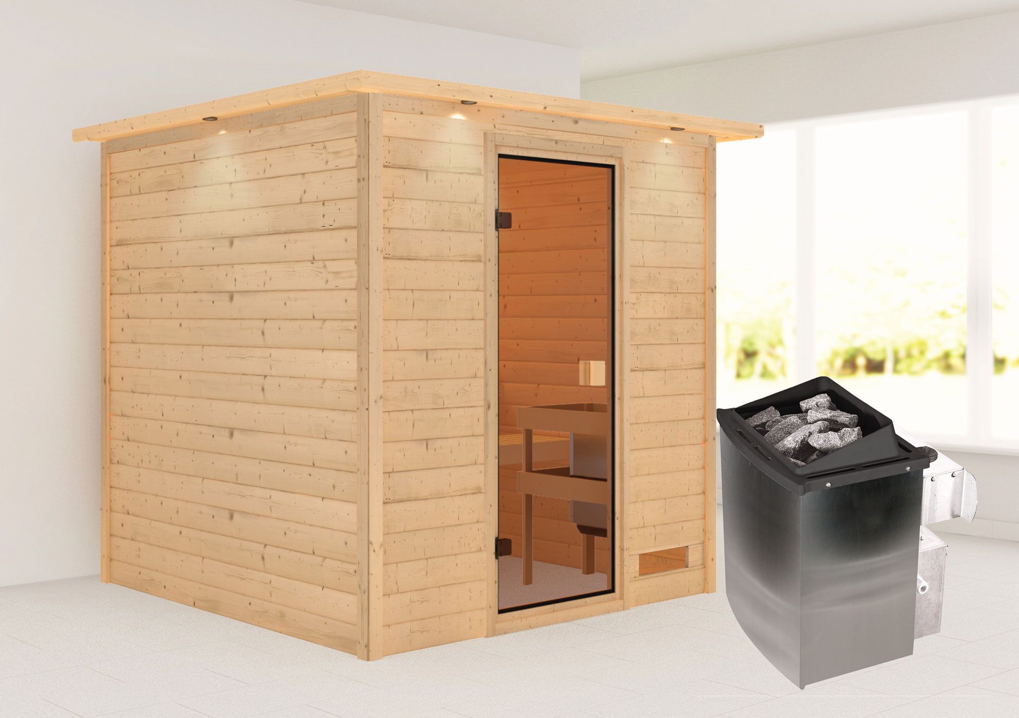 Sauna "Jesper" SET mit bronzierter Tür und Kranz - Farbe: Natur, Ofen 9 kW - 223 x 209 x 191 cm (B x T x H)